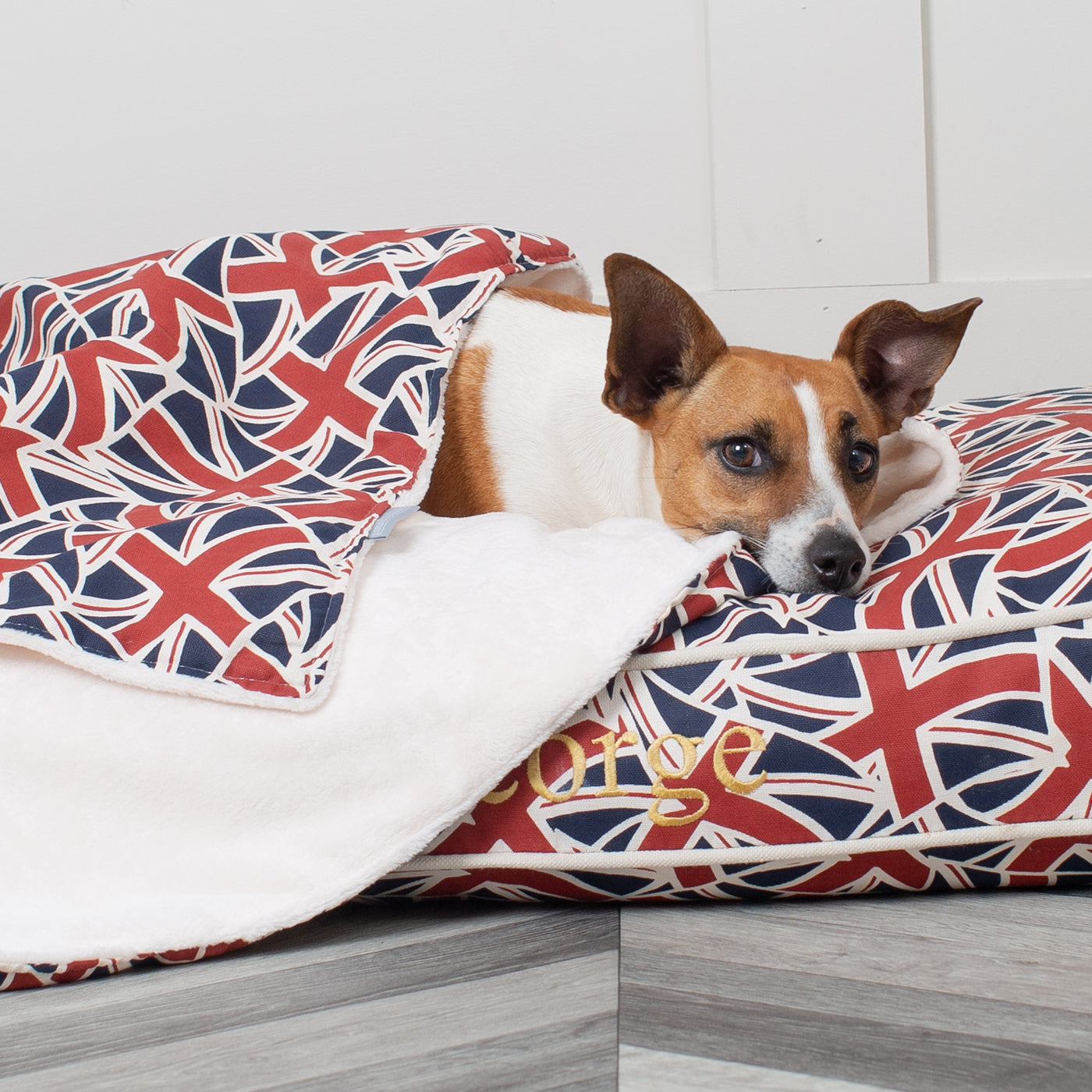Discover Our Luxurious Dog Blanket In Stunning Union Jack, The Perfect Blanket For Puppies, Available To Personalize And In 2 Sizes Here at Lords & Labradors US