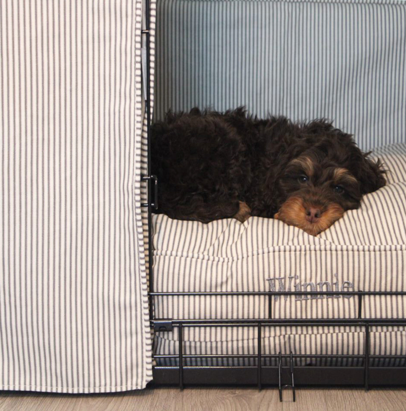 Luxury Black Dog Cage Set With Cushion, Bumper and Cage Cover, In Regency Stripe Oil Cloth. The Perfect Dog Cage For The Ultimate Naptime, Available Now at Lords & Labradors US