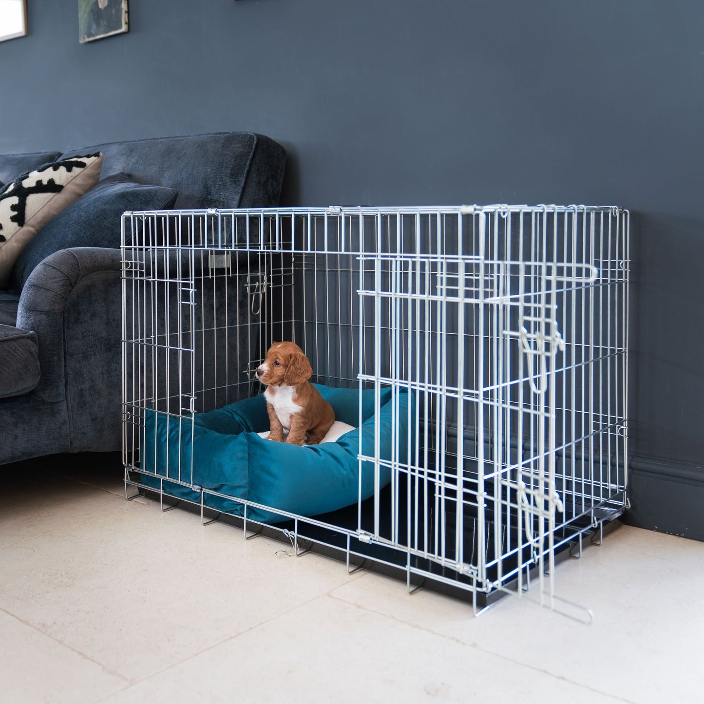 Dog Cage with Cozy & Calming Puppy Cage Bed in Marine Velvet by Lords & Labradors