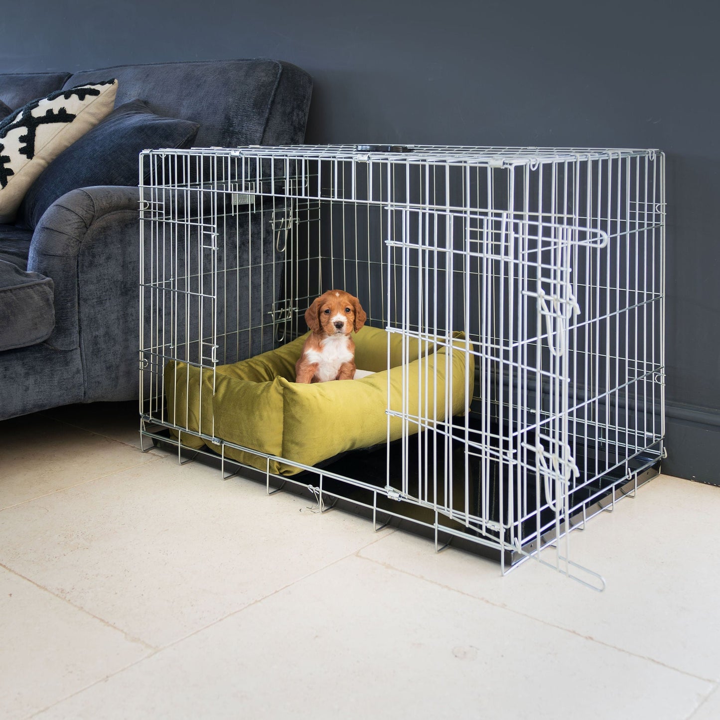 Dog Cage with Cozy & Calming Puppy Cage Bed in Olive Velvet by Lords & Labradors