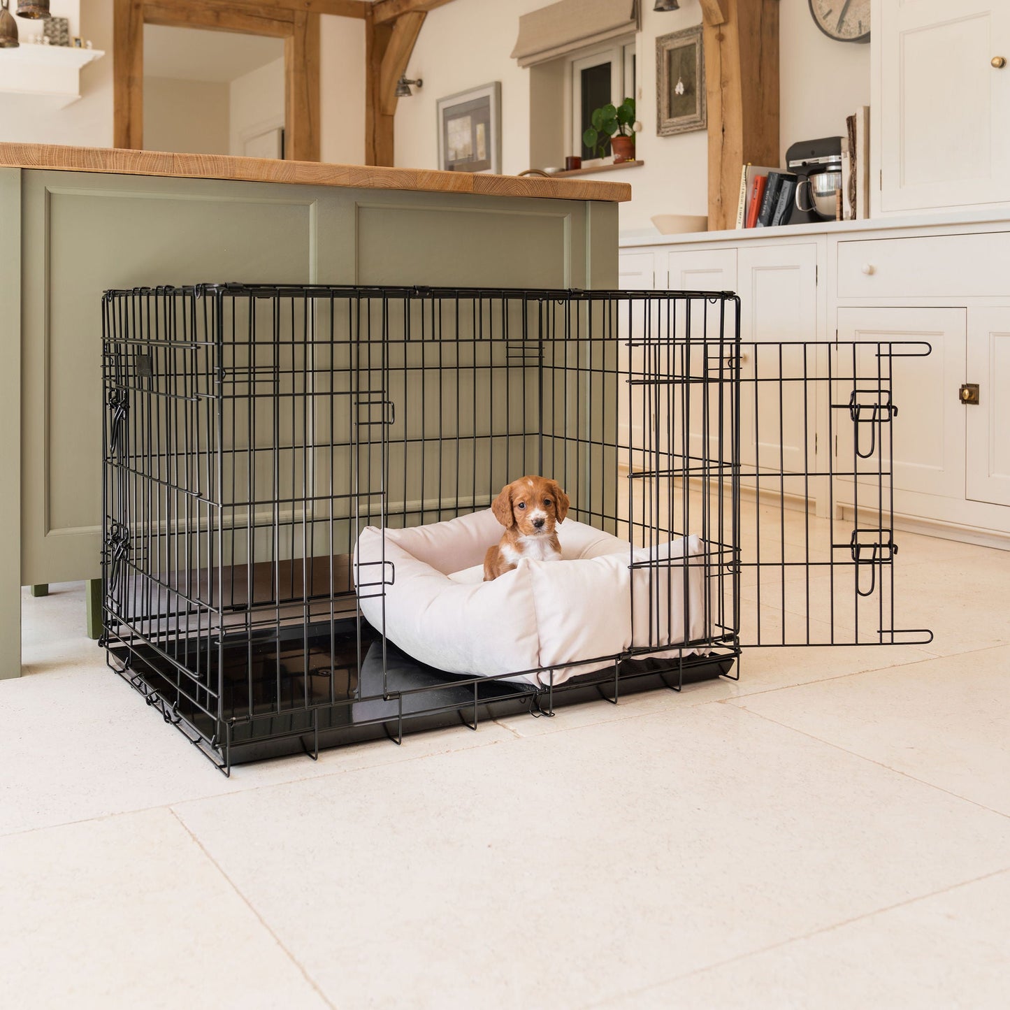 Dog Cge with Cozy & Calming Puppy Cage Bed in Oyster Velvet by Lords & Labradors