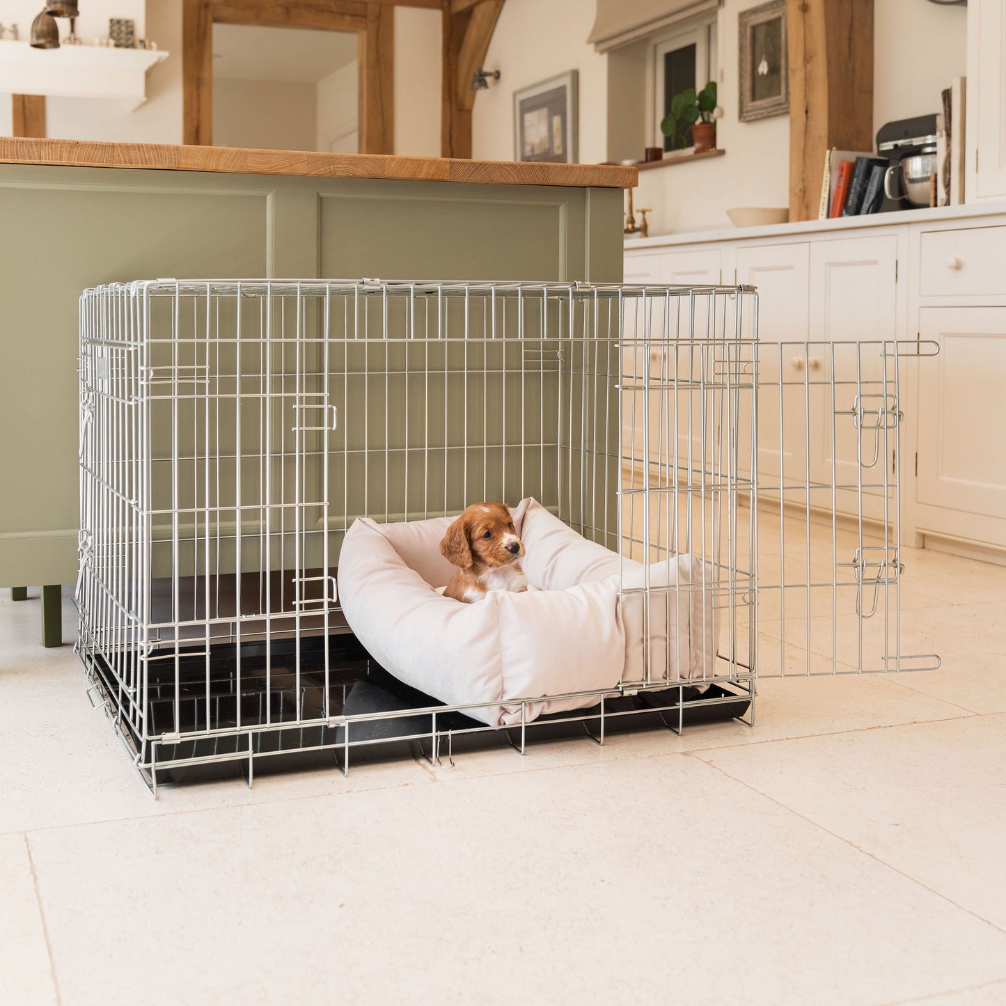 Dog Cge with Cozy & Calming Puppy Cage Bed in Oyster Velvet by Lords & Labradors