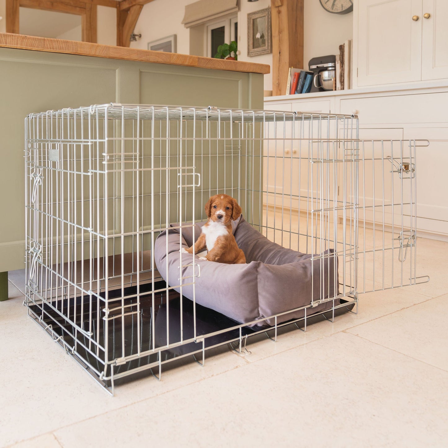 Dog Cage with Cozy & Calming Puppy Cage Bed in Silt Velvet by Lords & Labradors