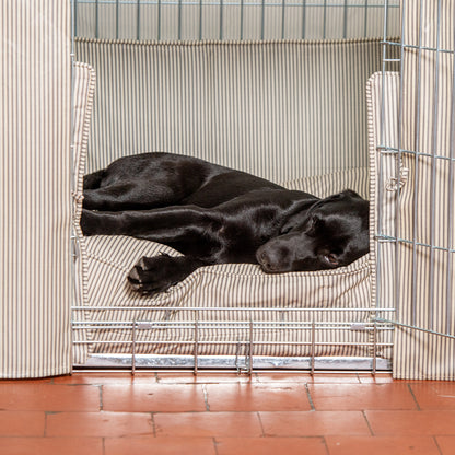 Luxury Silver Dog Cage Set With Cushion, Bumper and Cage Cover, In Regency Stripe Oil Cloth. The Perfect Dog Cage For The Ultimate Naptime, Available Now at Lords & Labradors US