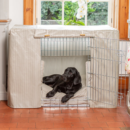 Luxury Silver Dog Cage Set With Cushion, Bumper and Cage Cover,  In Regency Stripe Oil Cloth. The Perfect Dog Cage For The Ultimate Naptime, Available Now at Lords & Labradors US