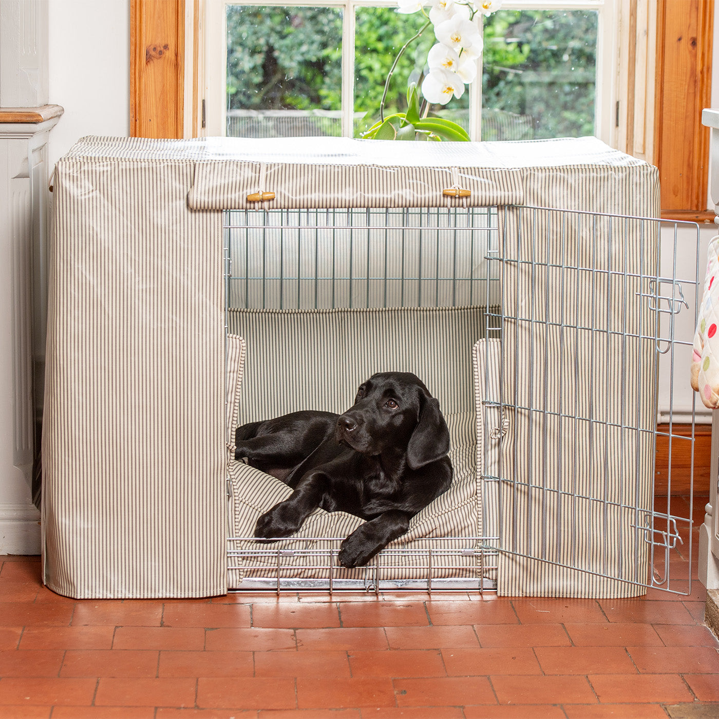 Luxury Silver Dog Cage Set With Cushion, Bumper and Cage Cover,  In Regency Stripe Oil Cloth. The Perfect Dog Cage For The Ultimate Naptime, Available Now at Lords & Labradors US