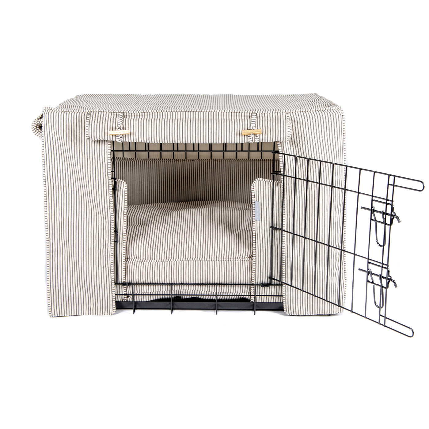 Luxury Black Dog Cage Set With Cushion, Bumper and Cage Cover, In Regency Stripe Oil Cloth. The Perfect Dog Cage For The Ultimate Naptime, Available Now at Lords & Labradors US