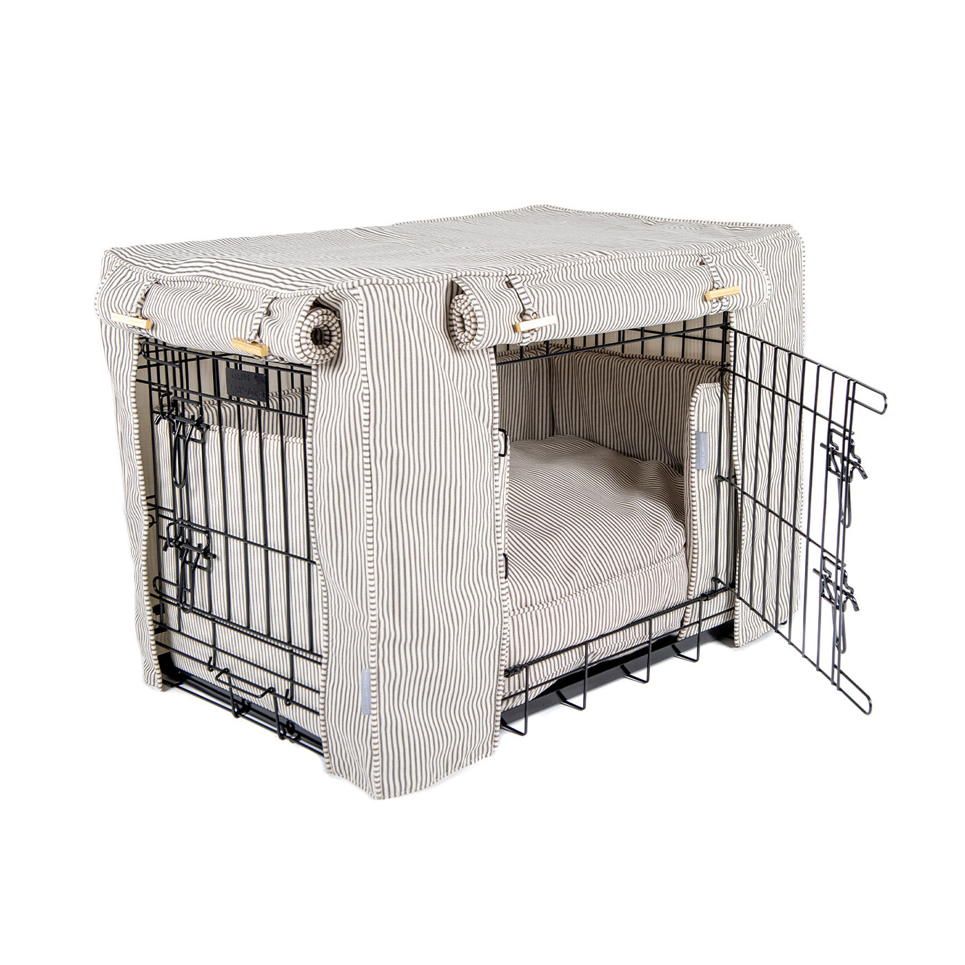 Luxury Black Dog Cage Set With Cushion, Bumper and Cage Cover, In Regency Stripe Oil Cloth. The Perfect Dog Cage For The Ultimate Naptime, Available Now at Lords & Labradors US