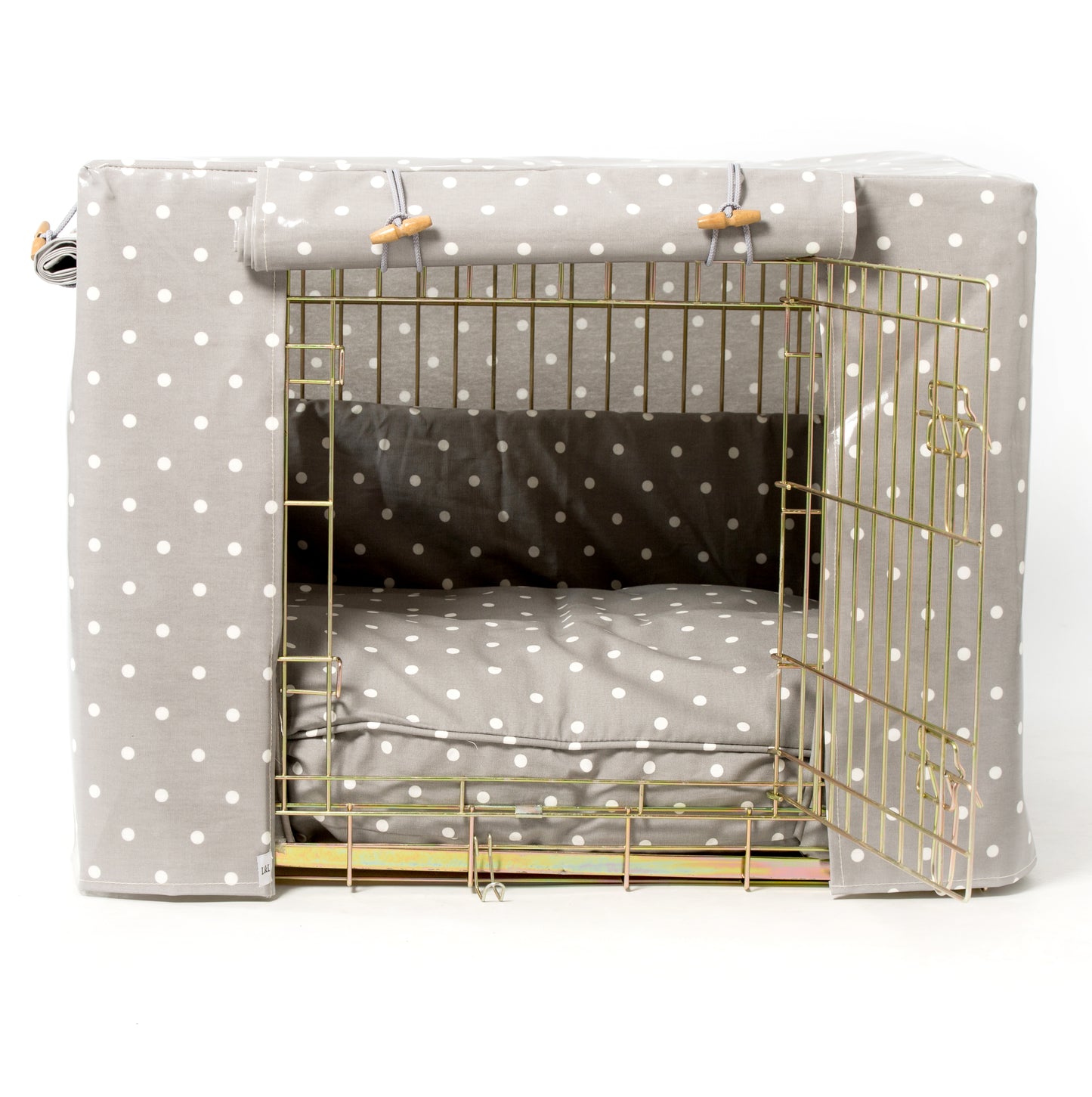 Luxury Gold Dog Cage Set With Cushion, Bumper and Crate Cover. The Perfect Dog Crate For The Ultimate Naptime, Available Now at Lords & Labradors US