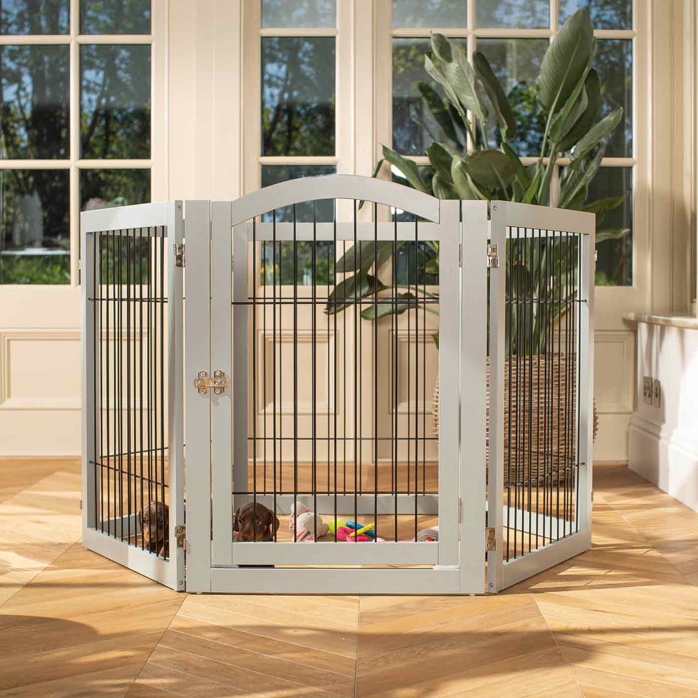 Ensure The Ultimate Puppy Safety with Our Heavy Duty Wooden Puppy Play Pen, Crafted to Take Your Pet Right Through Maturity! Powder Coated to Be Extra Hardwearing! 6 panels that are 80.5cm high! Available To Now at Lords & Labradors US