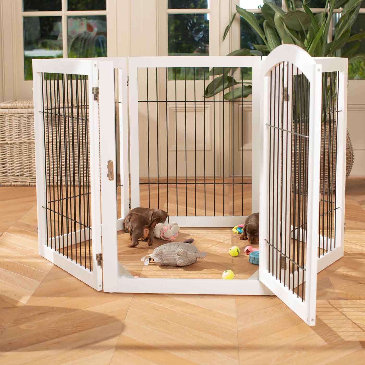 Ensure The Ultimate Puppy Safety with Our Heavy Duty Wooden Puppy Play Pen, Crafted to Take Your Pet Right Through Maturity! Powder Coated to Be Extra Hardwearing! 6 panels that are 80.5cm high! Available To Now at Lords & Labradors US