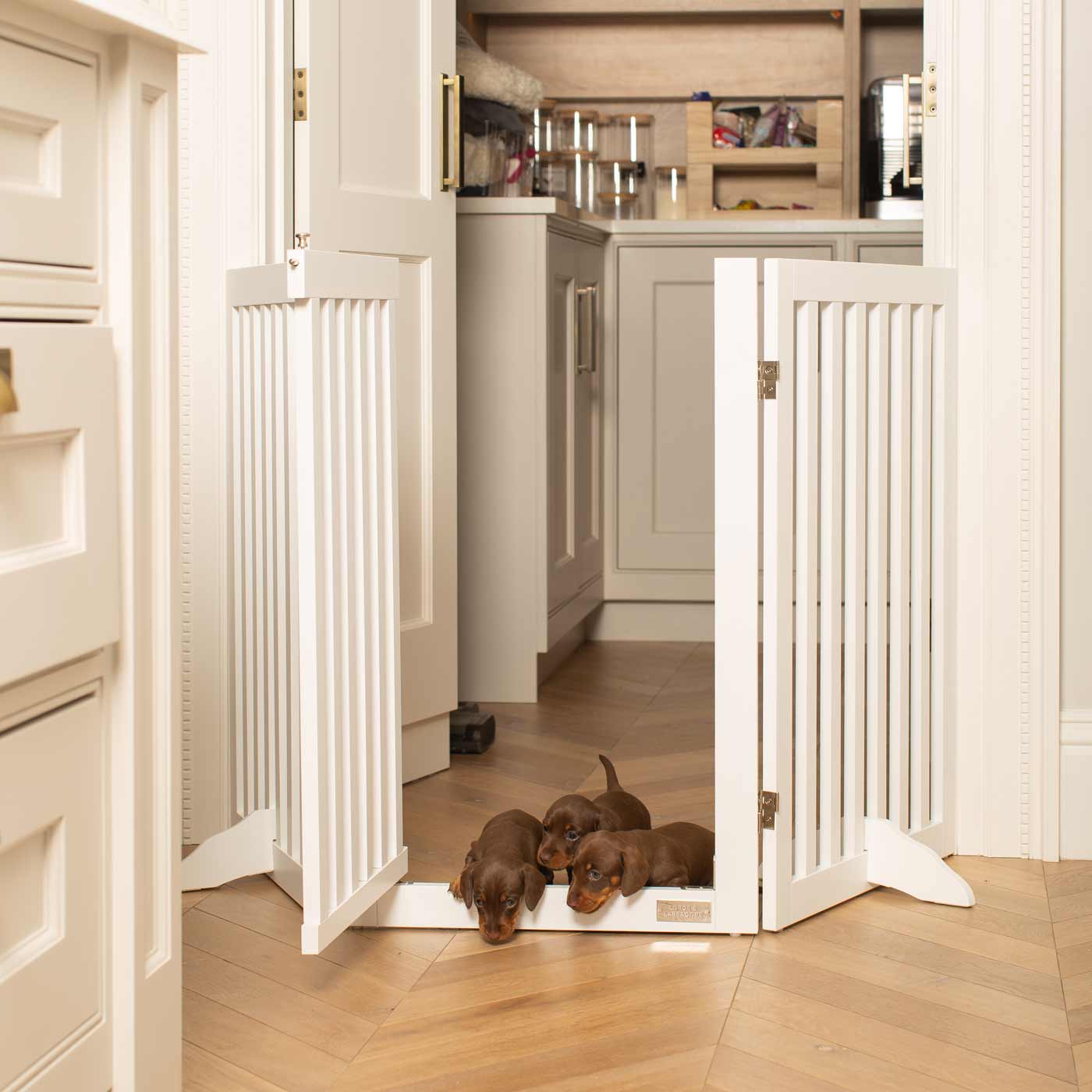 Train your new puppy with the perfect pet furniture, our super-strong wooden dog gate will ensure you set the boundaries for your furry friend, made easy to assemble featuring a walk-through gate for easy accessibility to be installed in doorways, hallways and stairs! Shop the ideal pet gate, available now in white & grey at Lords & Labradors US