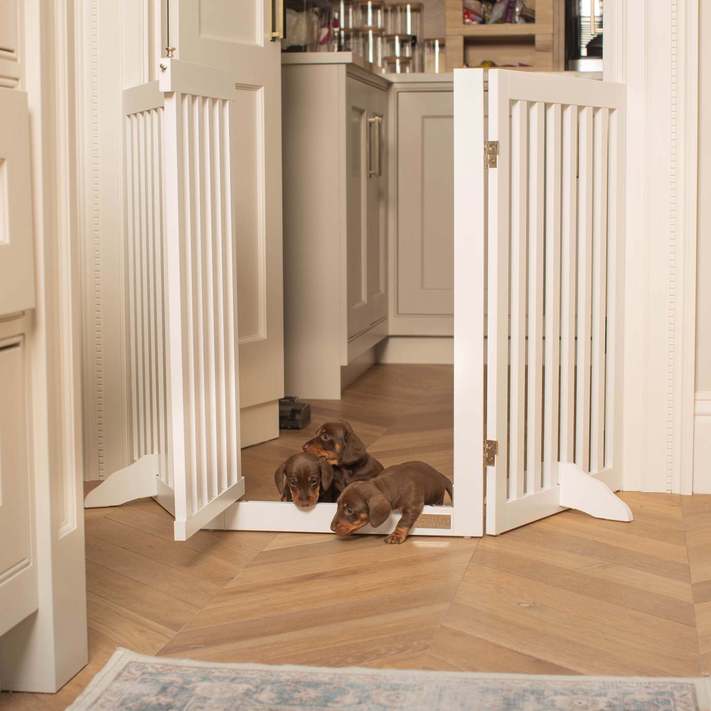 Train your new puppy with the perfect pet furniture, our super-strong wooden dog gate will ensure you set the boundaries for your furry friend, made easy to assemble featuring a walk-through gate for easy accessibility to be installed in doorways, hallways and stairs! Shop the ideal pet gate, available now in white & grey at Lords & Labradors US