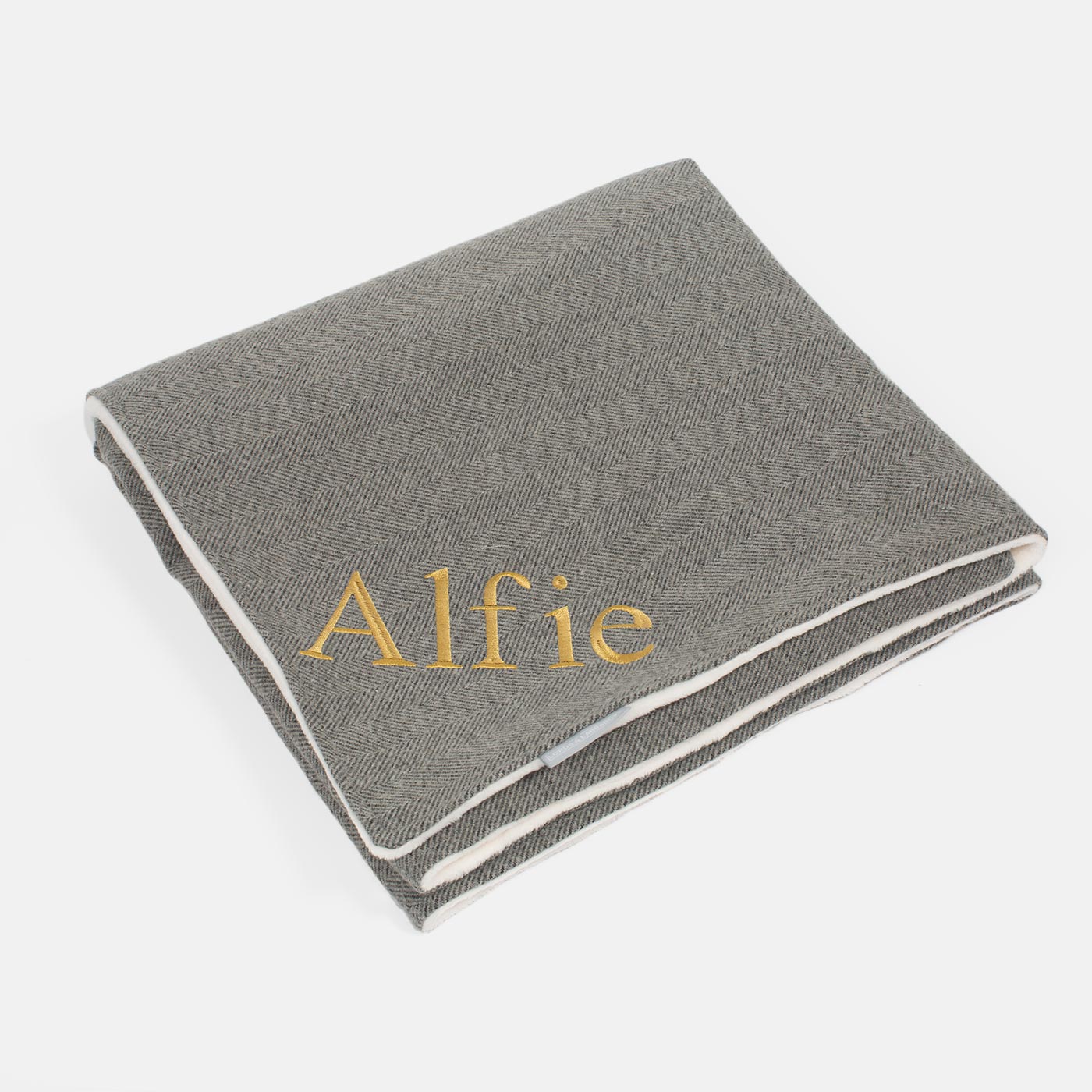 Discover Our Luxurious Pewter Herringbone Tweed Dog Blanket With Super Soft Sherpa & Teddy Fleece, The Perfect Blanket For Puppies, Available To Personalize And In 2 Sizes Here at Lords & Labradors US