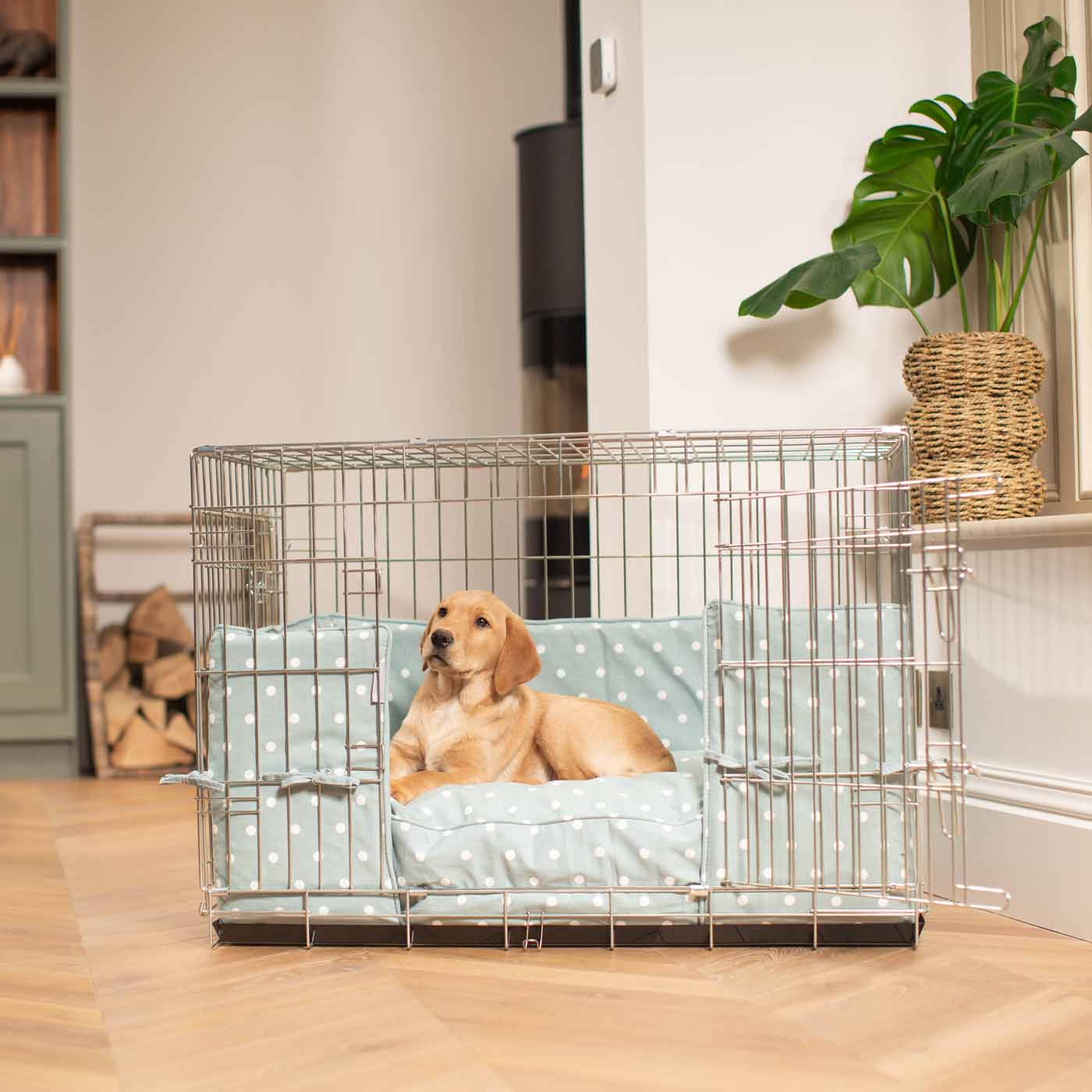 Dog Cage with Cushion & Bumper in Duck Egg Spot by Lords & Labradors