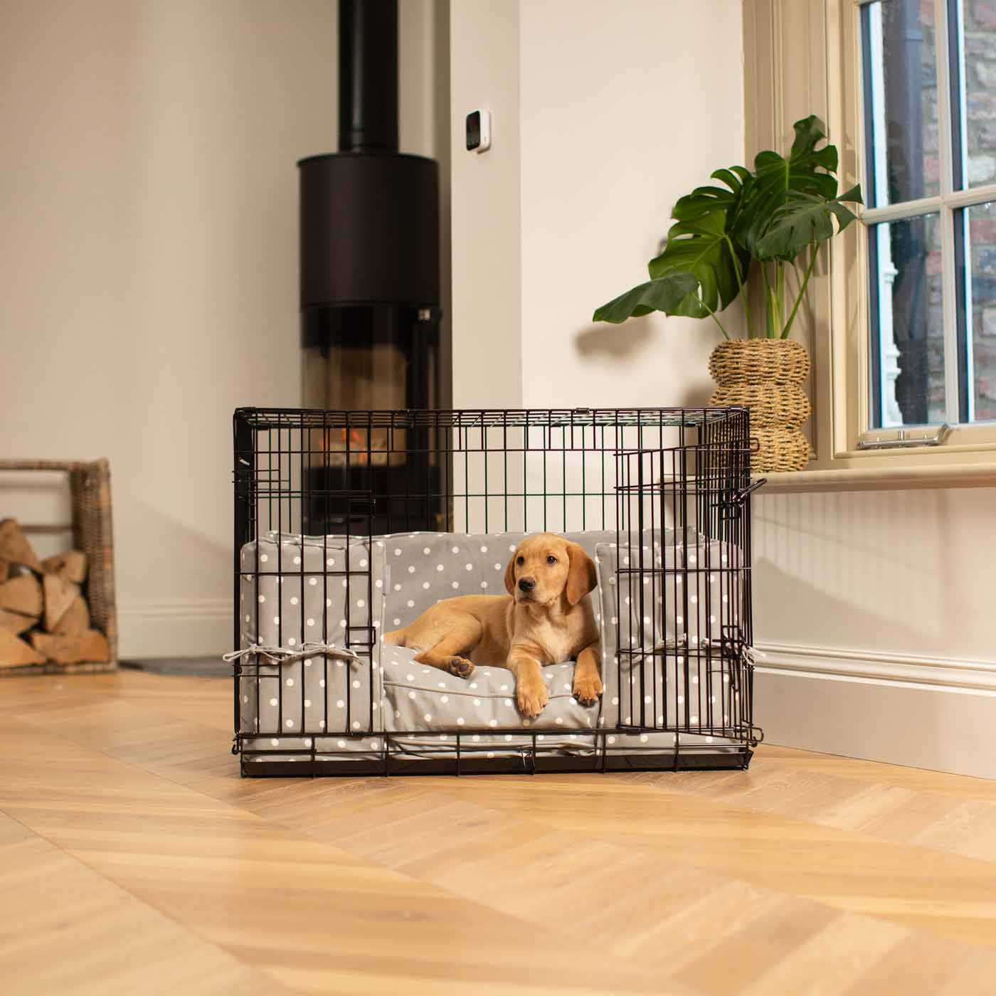 Dog Cage with Cushion & Bumper in Grey Spot by Lords & Labradors