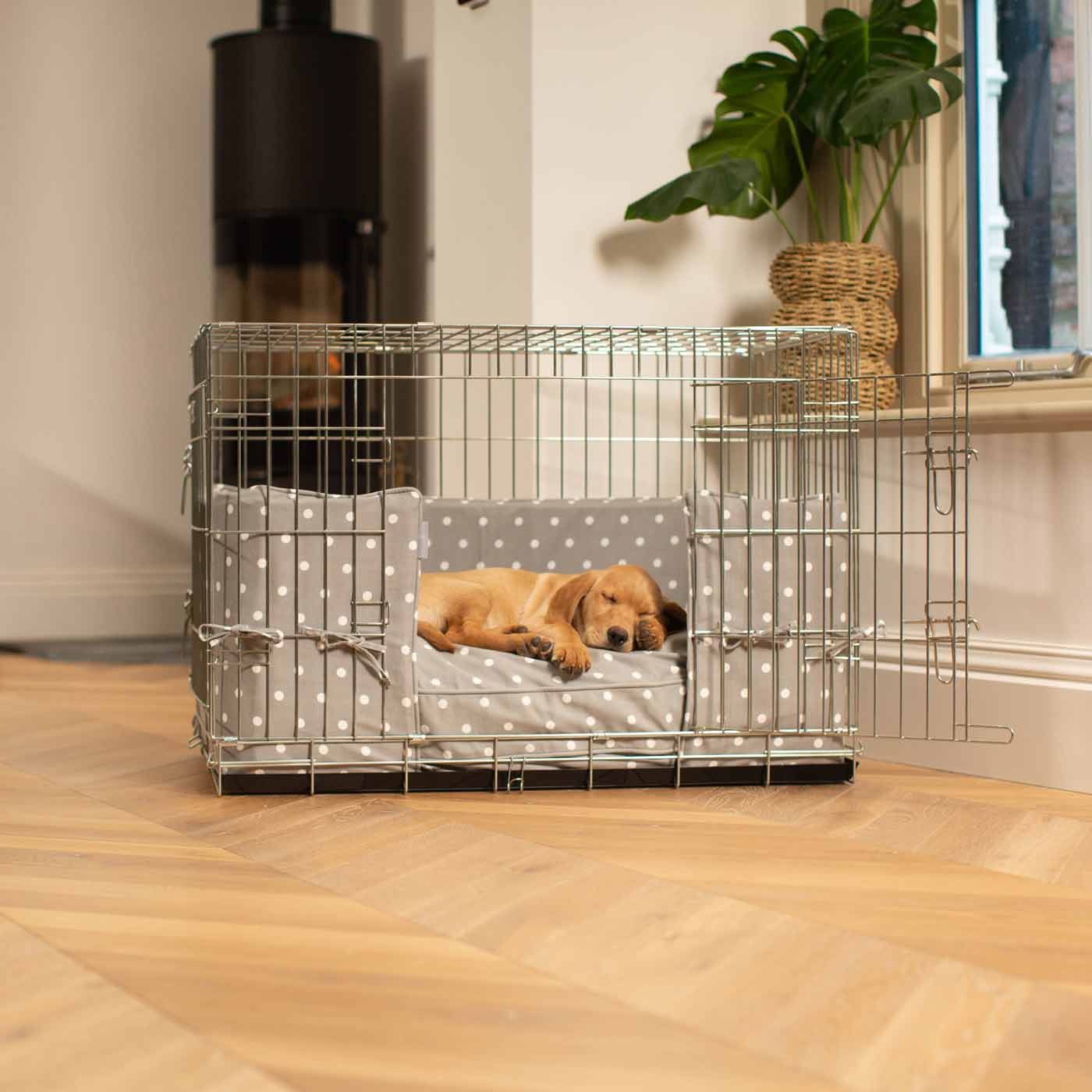 Dog Cage with Cushion & Bumper in Grey Spot by Lords & Labradors