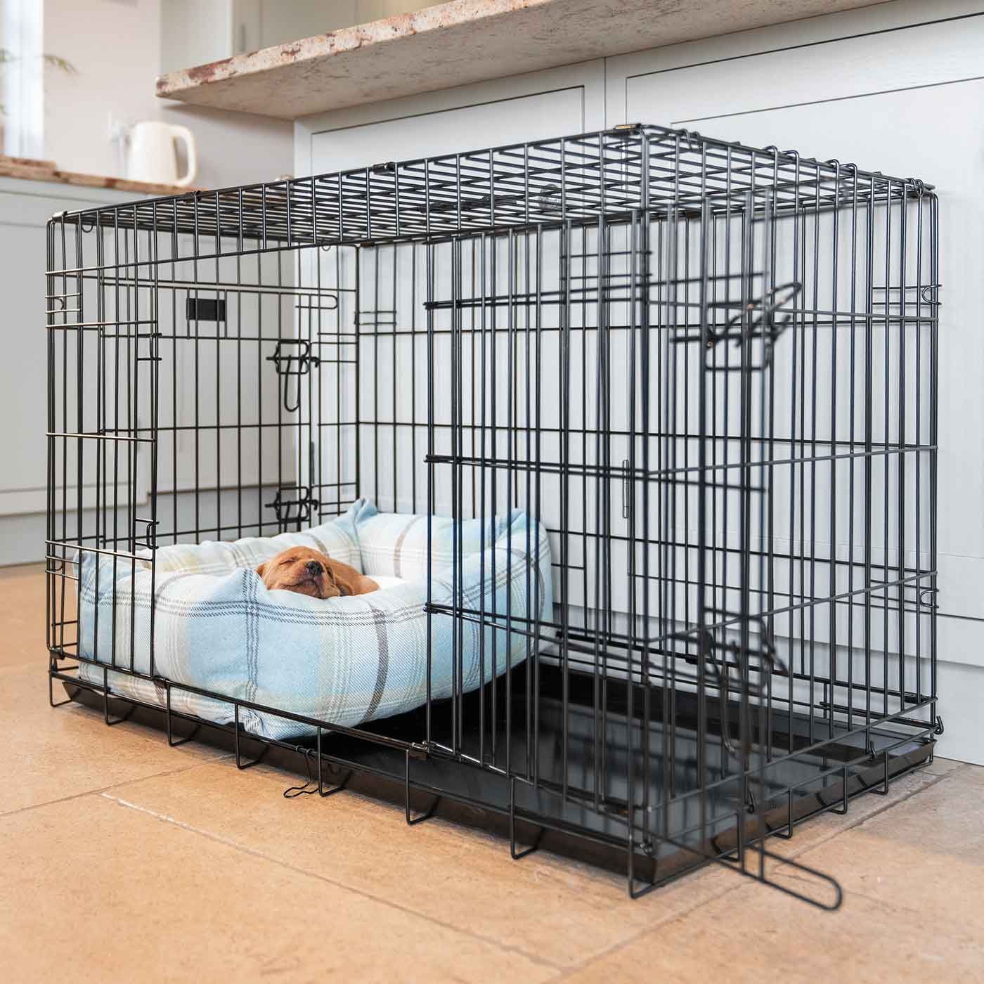 Dog Cage with Cozy & Calming Puppy Cage Bed in Balmoral Duck Egg Tweed by Lords & Labradors