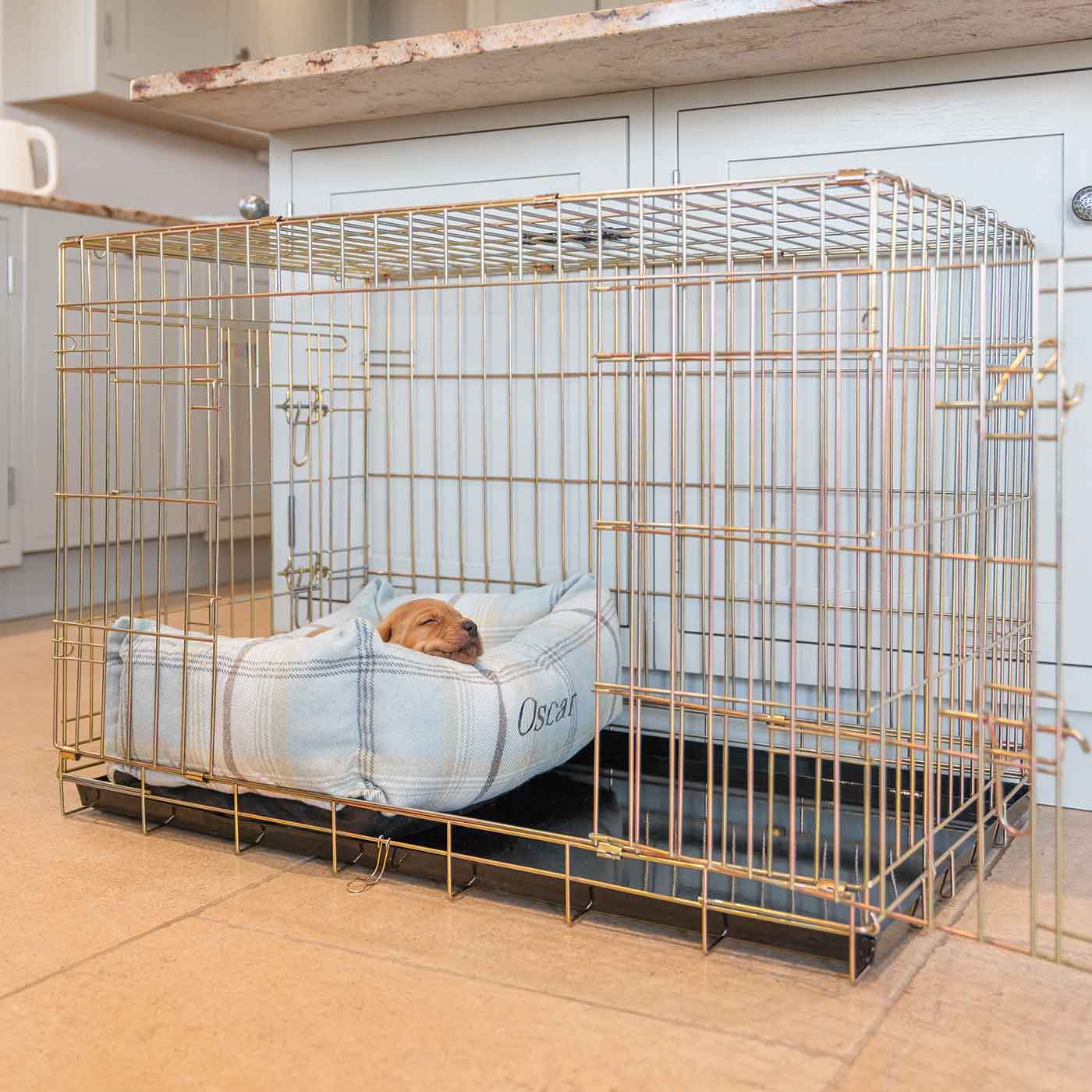 Dog Cage with Cozy & Calming Puppy Cage Bed in Balmoral Duck Egg Tweed by Lords & Labradors