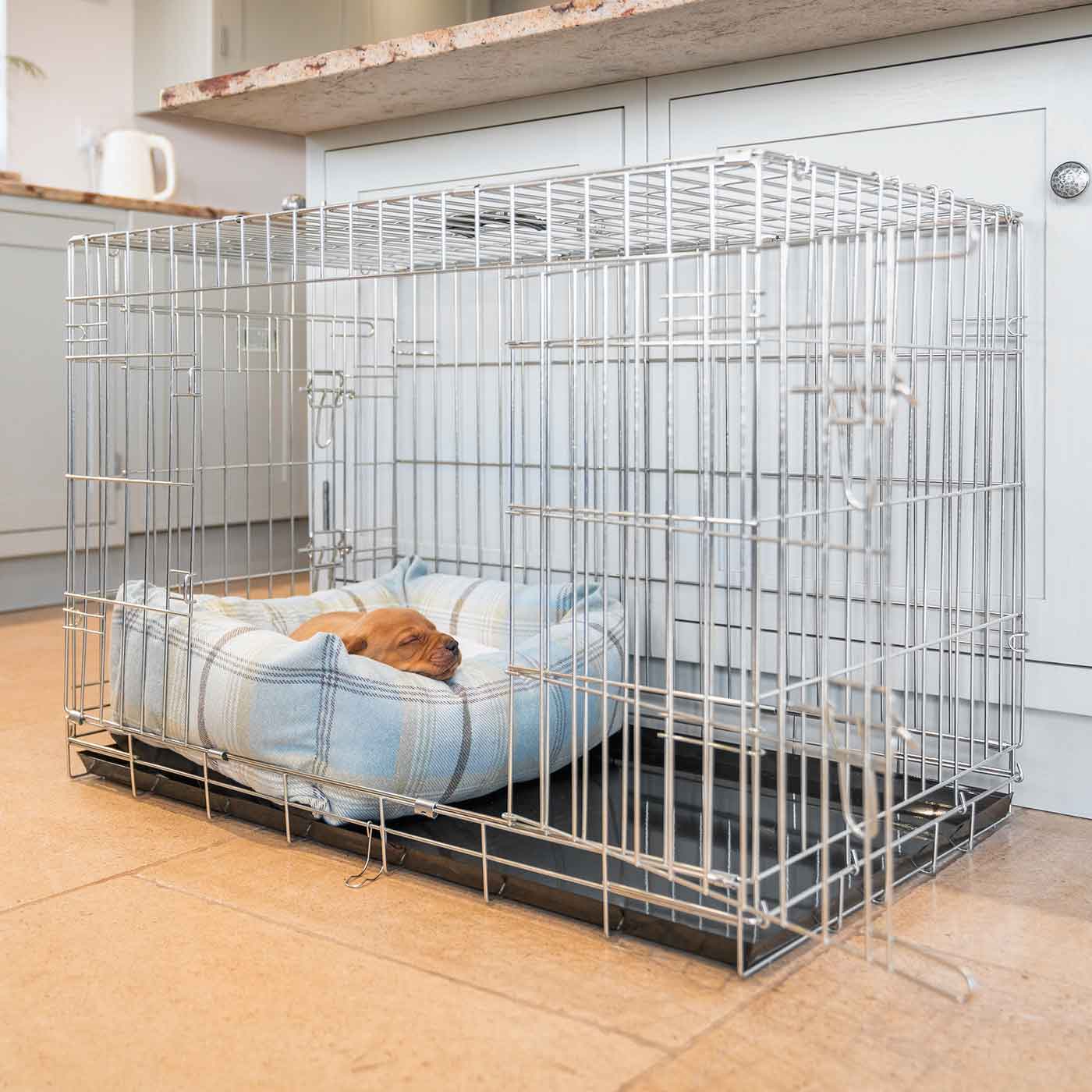 Dog Cage with Cozy & Calming Puppy Cage Bed in Balmoral Duck Egg Tweed by Lords & Labradors