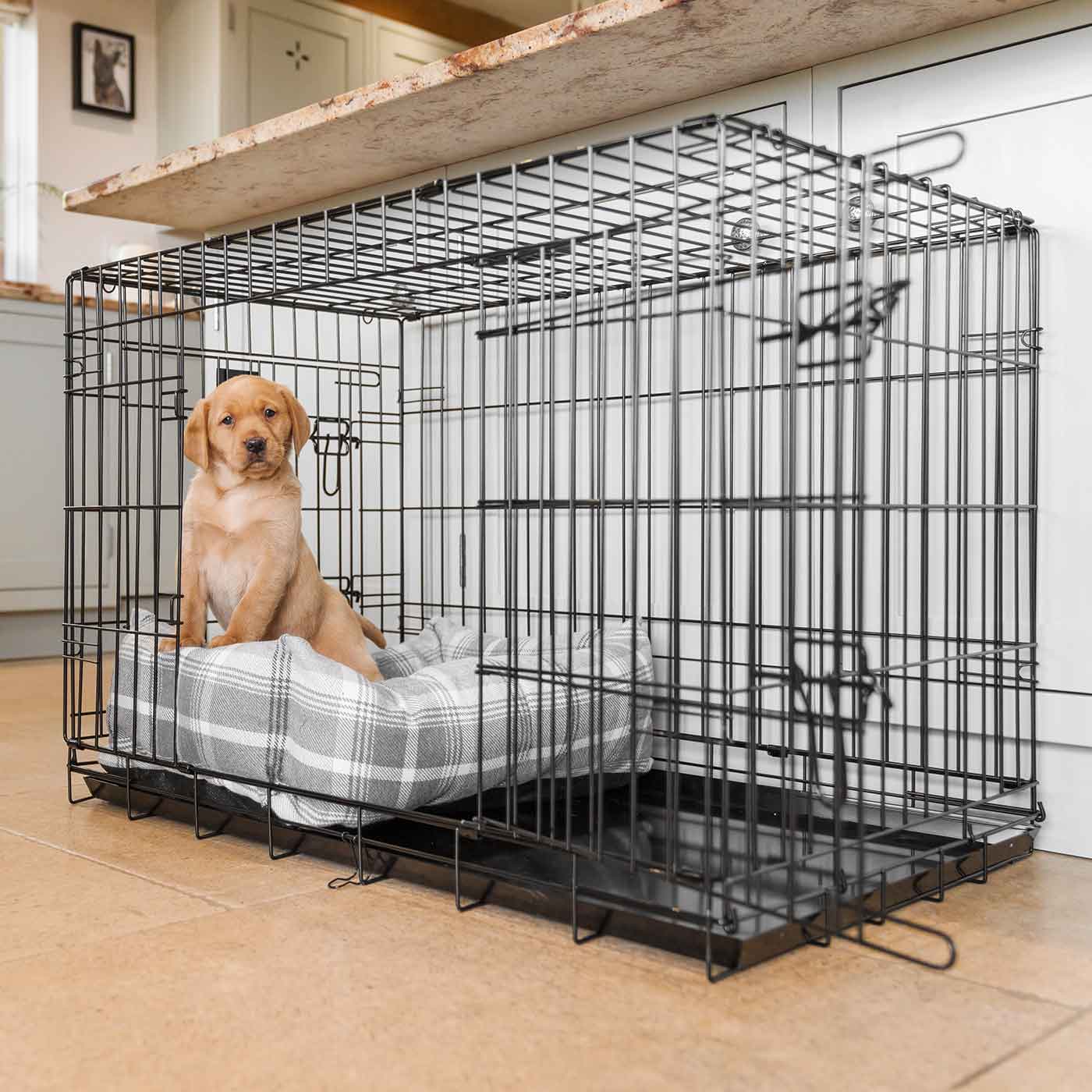 Dog Cage with Cozy & Calming Puppy Cage Bed in Balmoral Dove Grey Tweed by Lords & Labradors