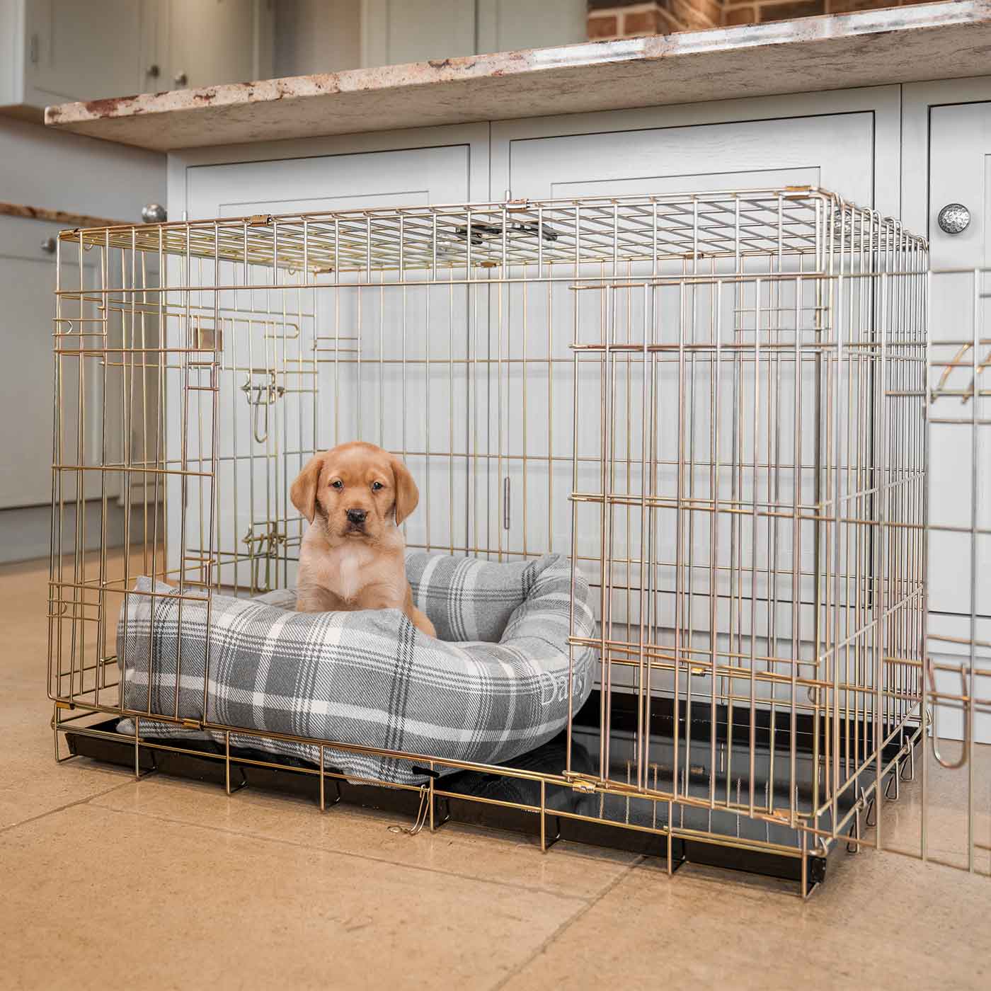 Dog Cage with Cozy & Calming Puppy Cage Bed in Balmoral Dove Grey Tweed by Lords & Labradors