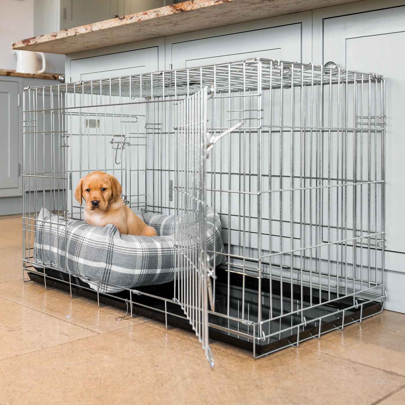 Dog Cage with Cozy & Calming Puppy Cage Bed in Balmoral Dove Grey Tweed by Lords & Labradors