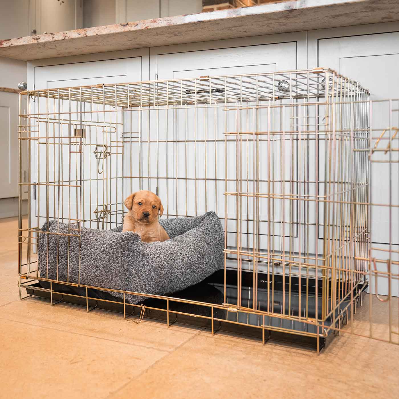 Cozy & Calming Puppy Cage Bed, The Perfect Dog Cage Accessory For The Ultimate Dog Den! In Stunning Granite Bouclé! Available To Personalize at Lords & Labradors US