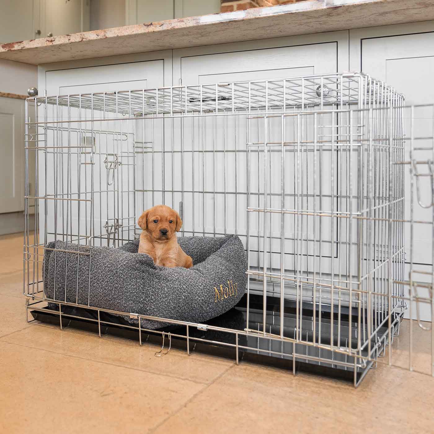 Cozy & Calming Puppy Cage Bed, The Perfect Dog Cage Accessory For The Ultimate Dog Den! In Stunning Granite Bouclé! Available To Personalize at Lords & Labradors US