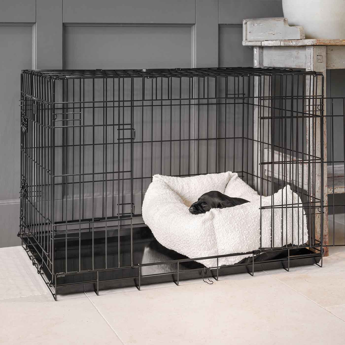 Cozy & Calm Puppy Cage Bed, The Perfect Dog Cage Accessory For The Ultimate Dog Den! In Stunning Ivory Boucle! Available Now at Lords & Labradors US