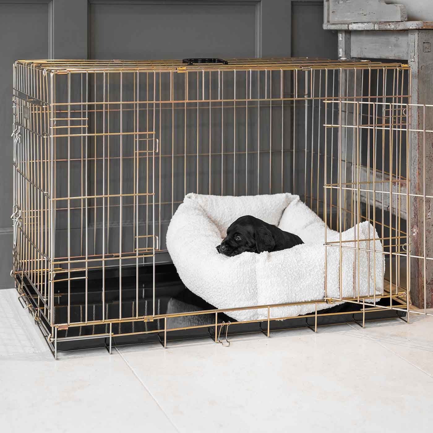 Cozy & Calm Puppy Cage Bed, The Perfect Dog Cage Accessory For The Ultimate Dog Den! In Stunning Ivory Boucle! Available Now at Lords & Labradors US