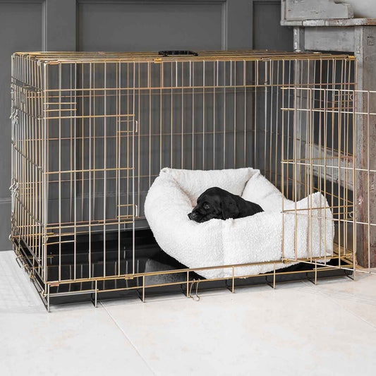 Cozy & Calm Puppy Cage Bed, The Perfect Dog Cage Accessory For The Ultimate Dog Den! In Stunning Ivory Boucle! Available Now at Lords & Labradors US