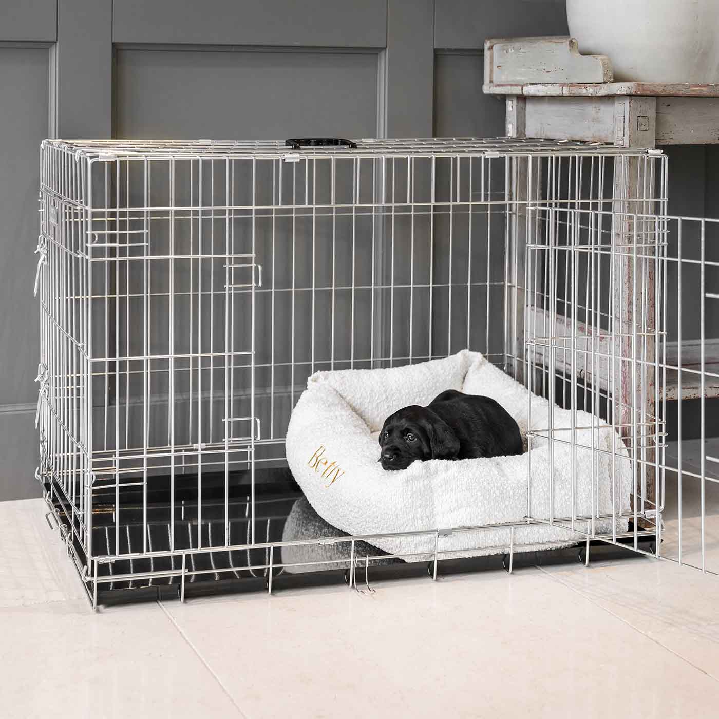 Cozy & Calm Puppy Cage Bed, The Perfect Dog Cage Accessory For The Ultimate Dog Den! In Stunning Ivory Boucle! Available Now at Lords & Labradors US