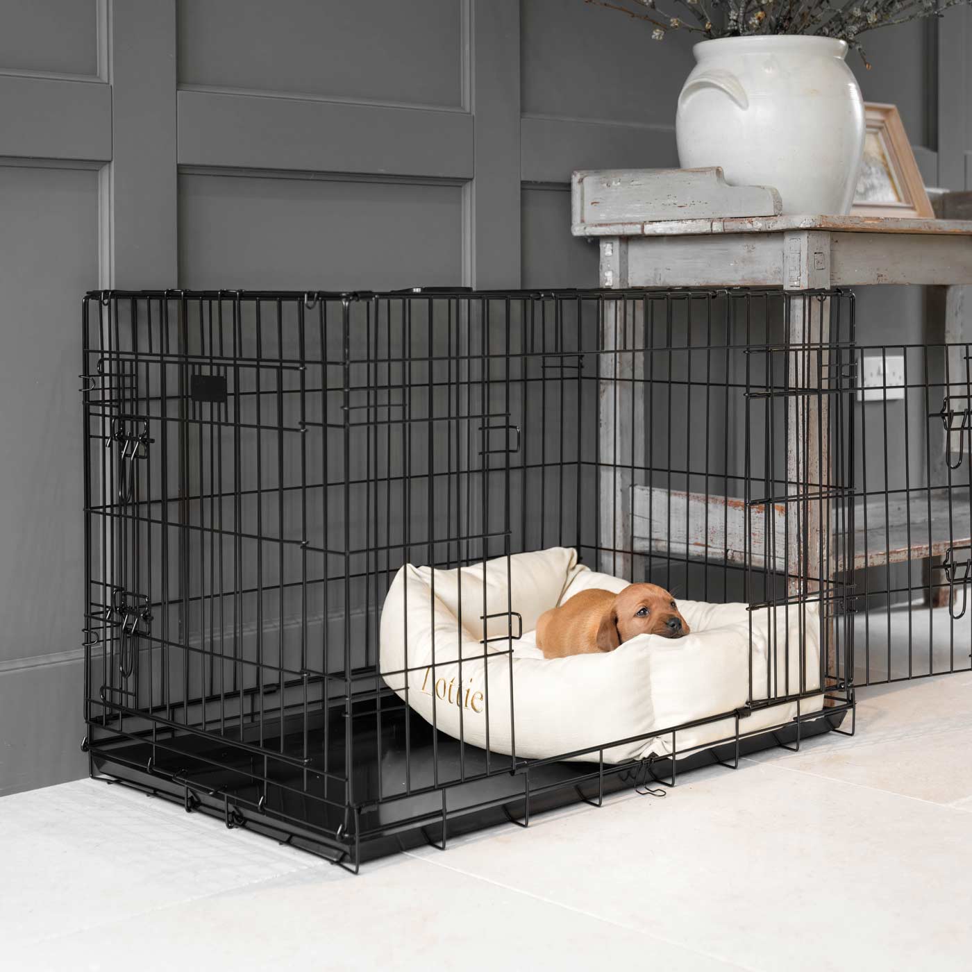 Cozy & Calm Puppy Cage Bed, The Perfect Dog Cage Accessory For The Ultimate Dog Den! In Stunning Savanna Bone! Available Now at Lords & Labradors US