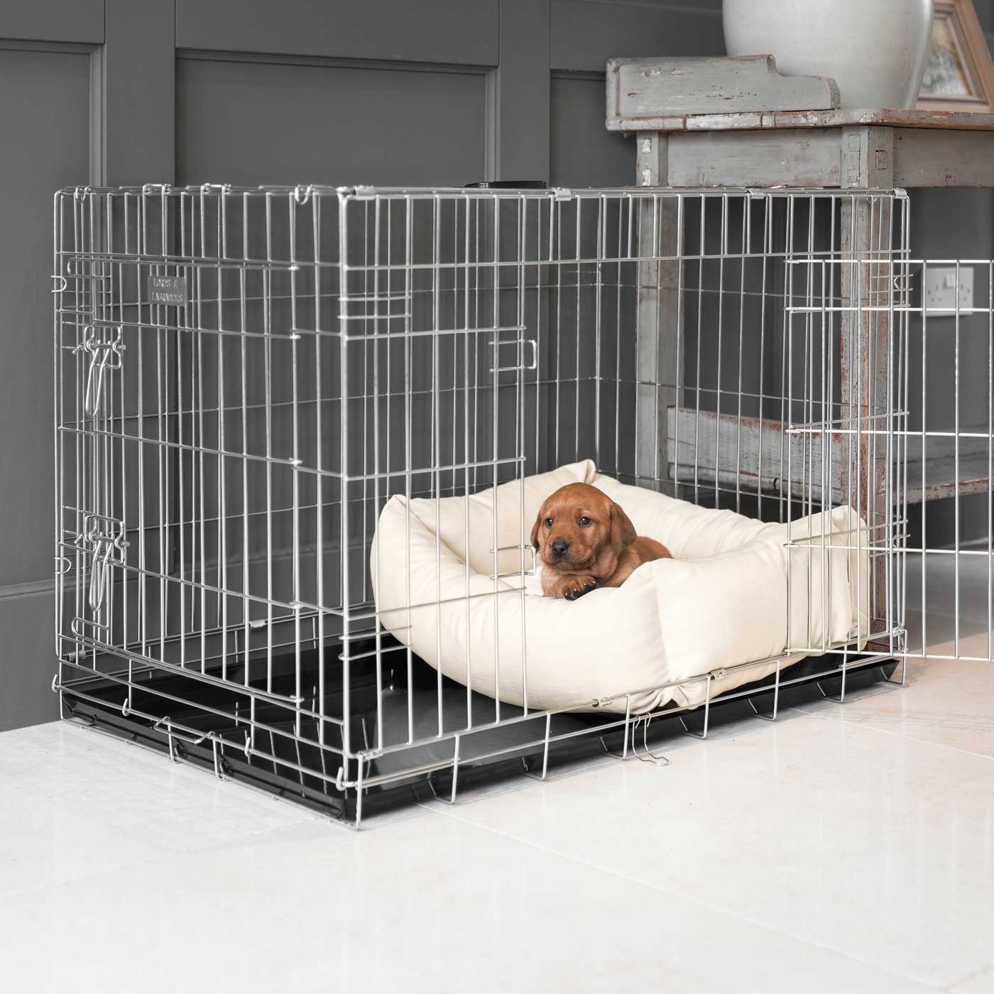 Cozy & Calm Puppy Cage Bed, The Perfect Dog Cage Accessory For The Ultimate Dog Den! In Stunning Savanna Bone! Available Now at Lords & Labradors US