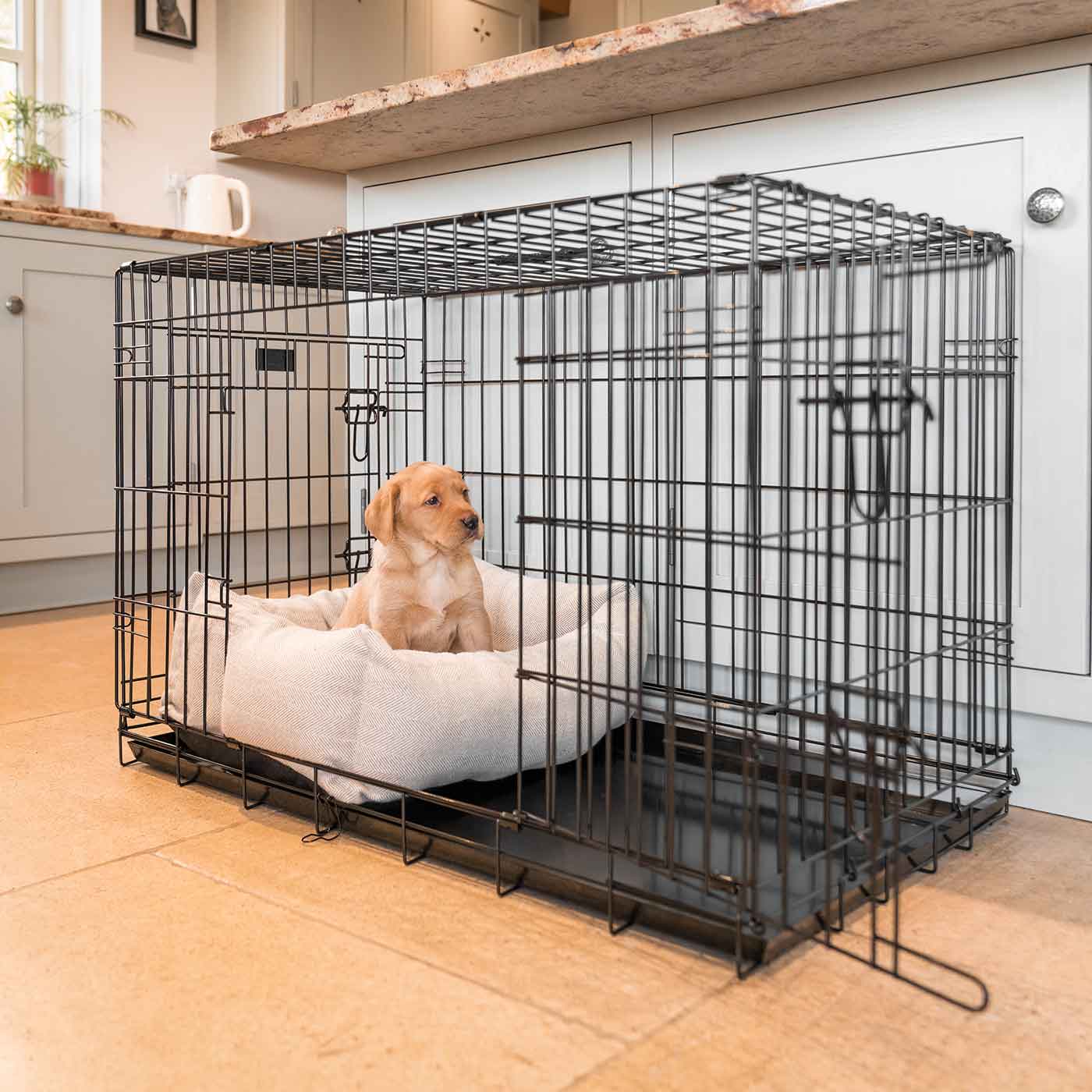 Dog Cage with Cozy & Calming Puppy Cage Bed in Natural Herringbone by Lords & Labradors