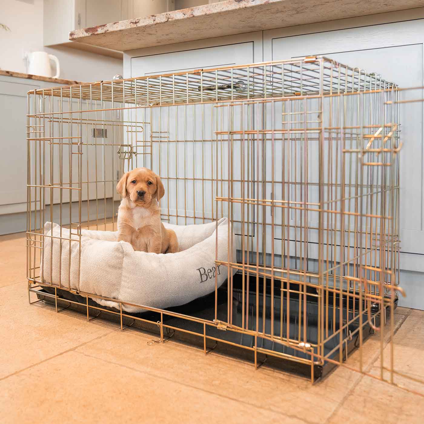 Dog Cage with Cozy & Calming Puppy Cage Bed in Natural Herringbone by Lords & Labradors