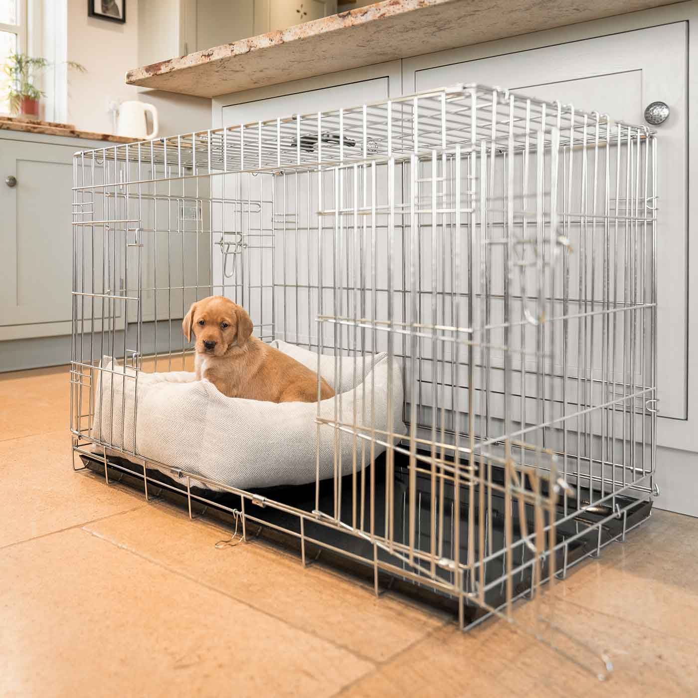 Dog Cage with Cozy & Calming Puppy Cage Bed in Natural Herringbone by Lords & Labradors