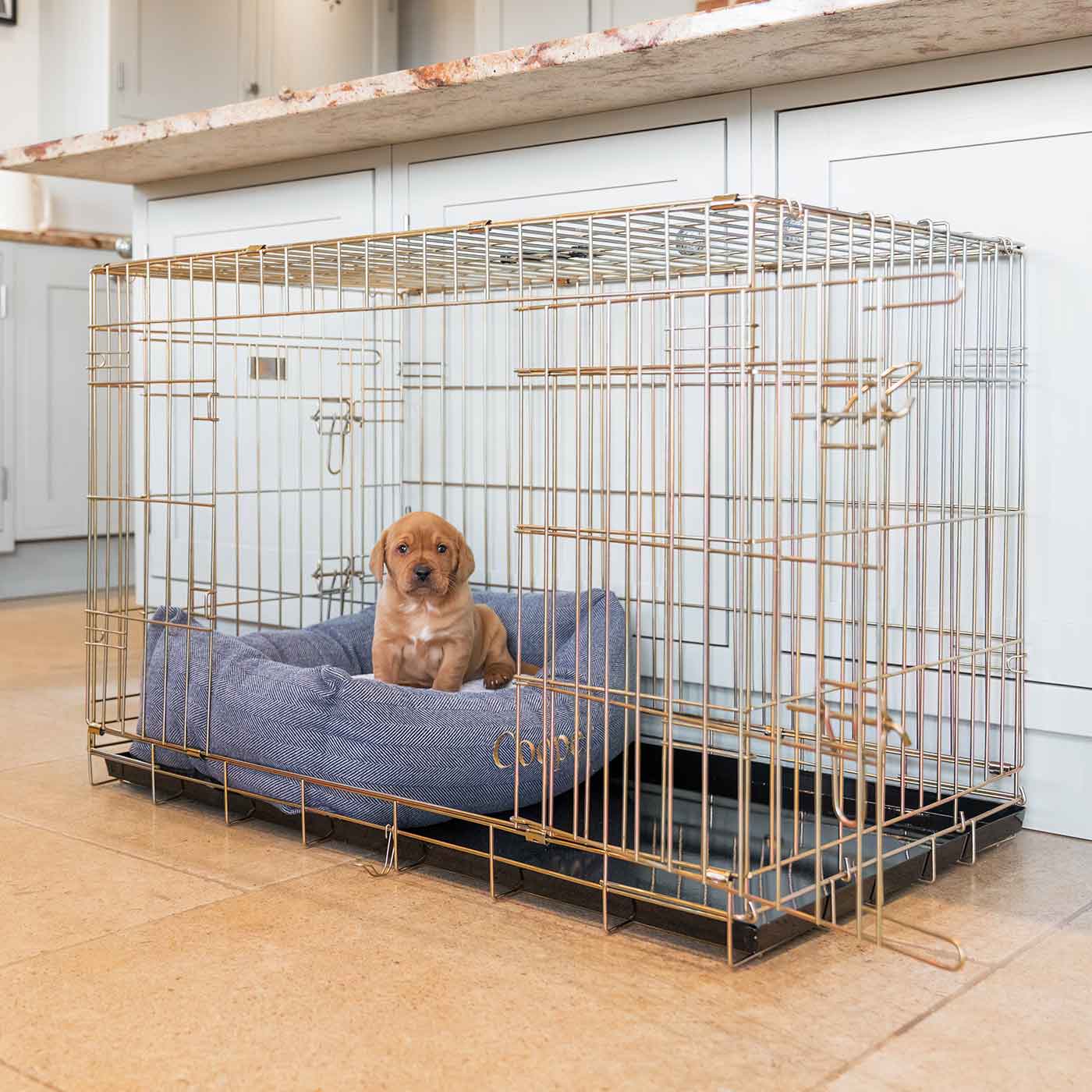 Dog Cage with Cozy & Calming Puppy Cage Bed in Oxford Herringbone by Lords & Labradors