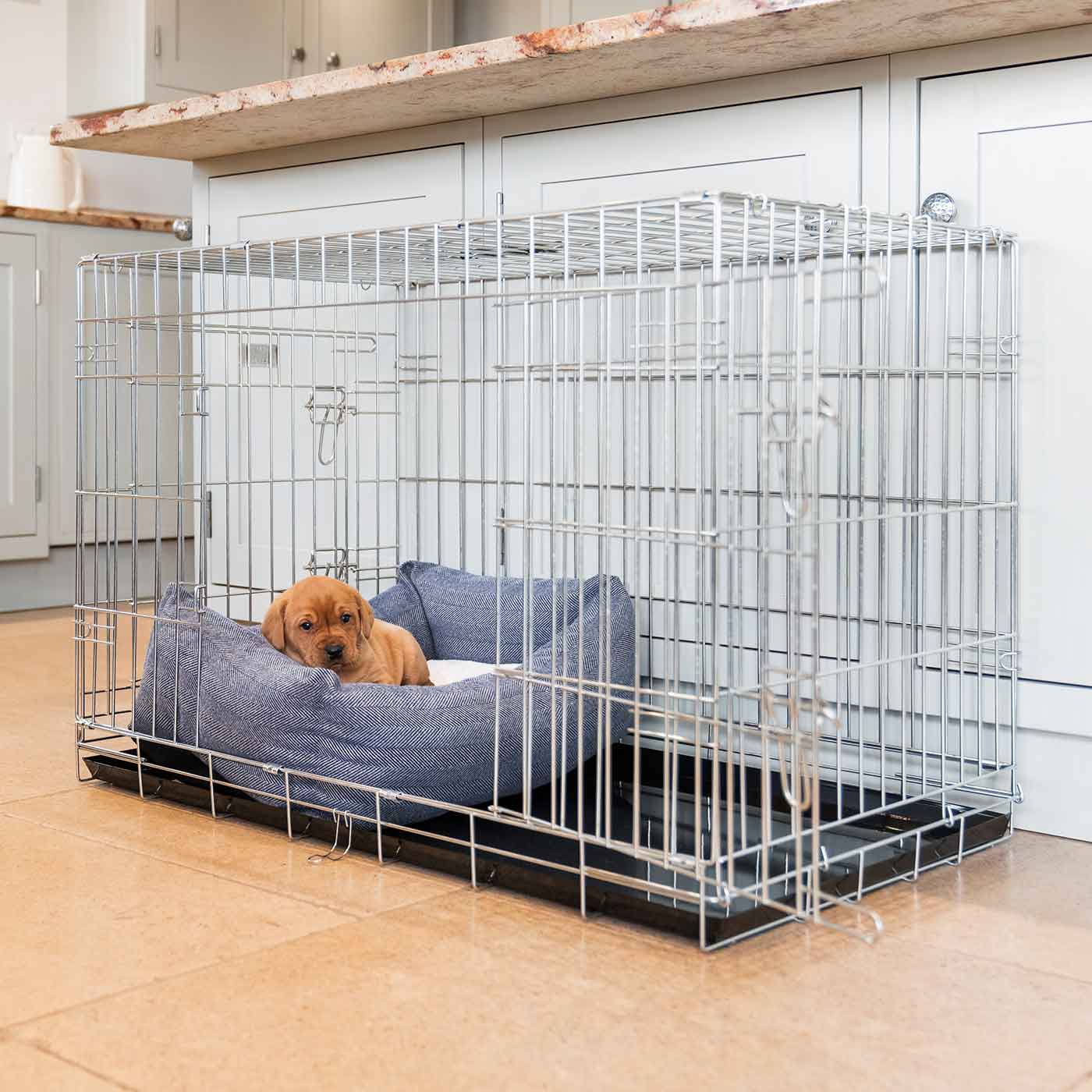 Dog Cage with Cozy & Calming Puppy Cage Bed in Oxford Herringbone by Lords & Labradors