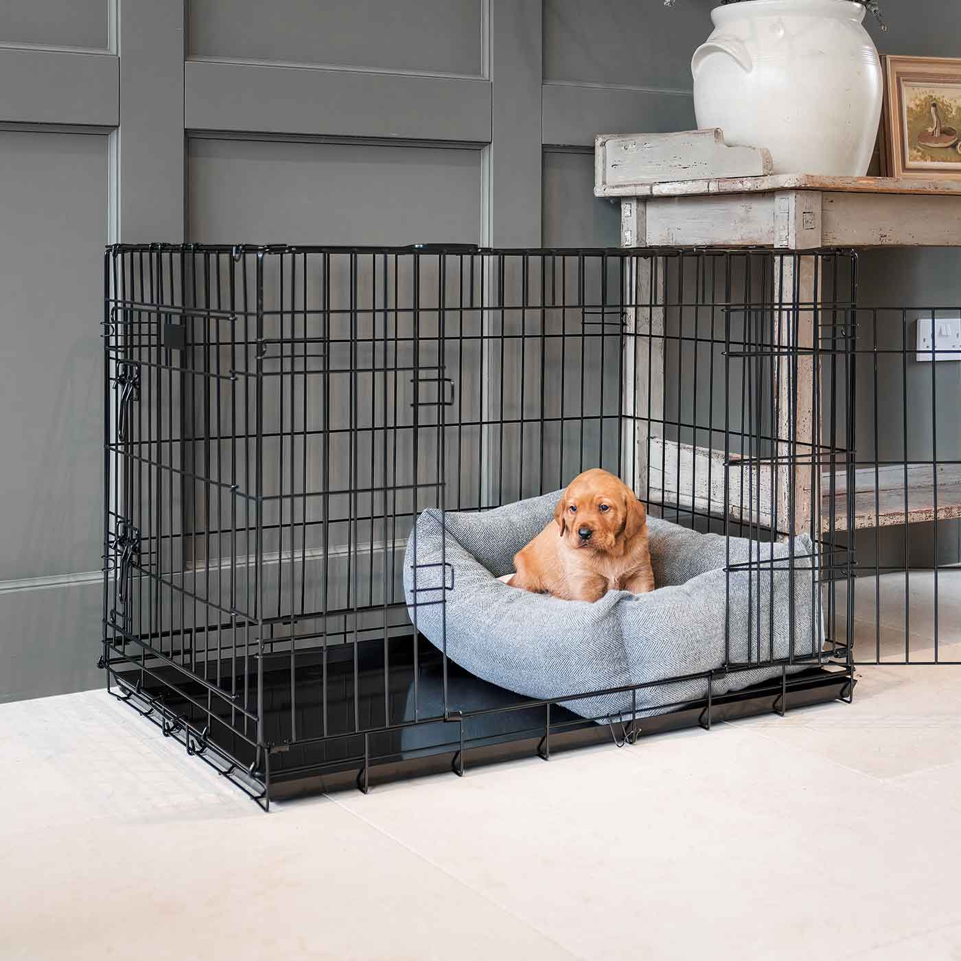 Dog Cage with Cozy & Calming Puppy Cage Bed in Pewter Herringbone by Lords & Labradors