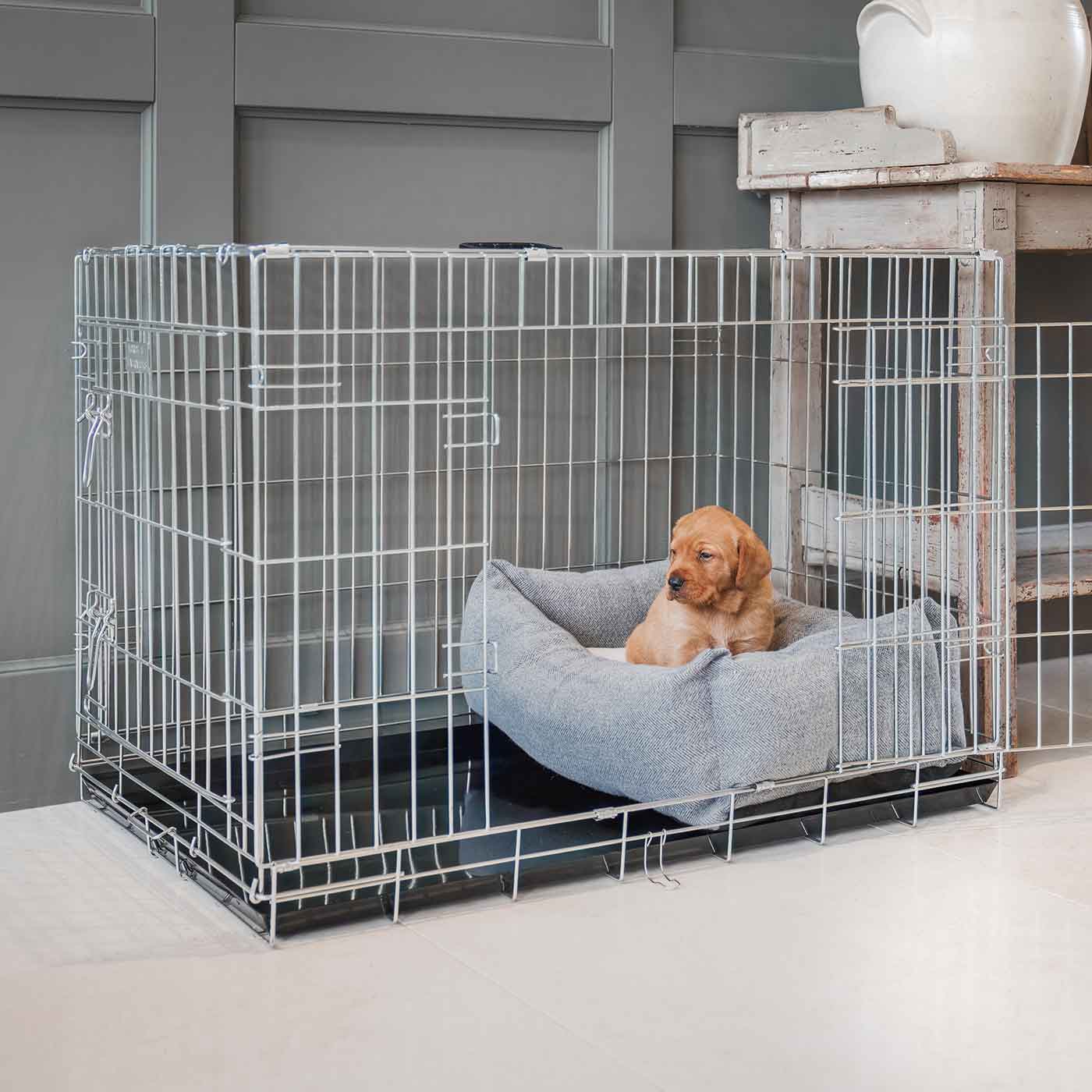 Dog Cage with Cozy & Calming Puppy Cage Bed in Pewter Herringbone by Lords & Labradors