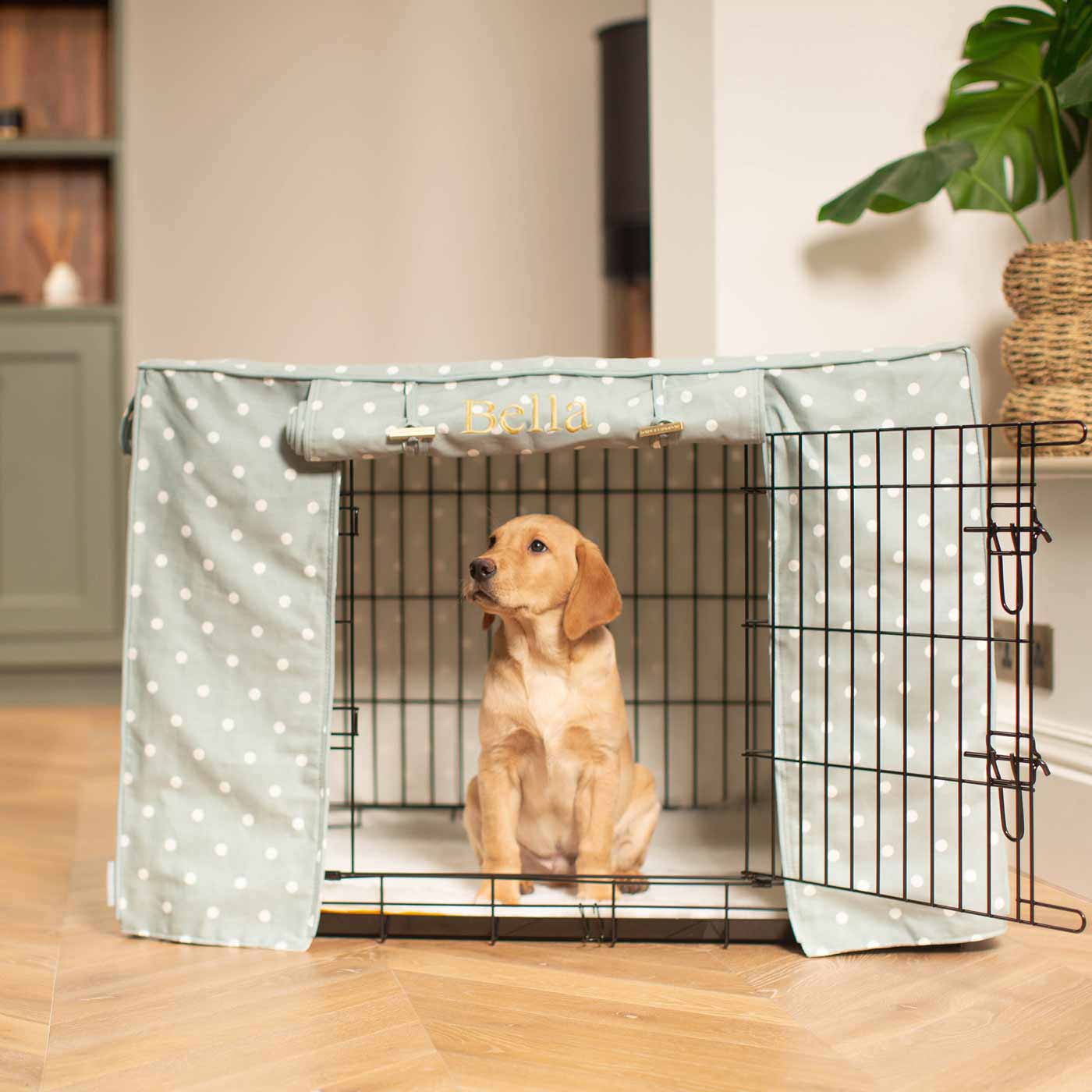 Luxury Black Dog Cage With Cage Cover, in Duck Egg Spot. The Perfect Dog Crate For The Ultimate Naptime, Available Now to Personalize at Lords & Labradors US