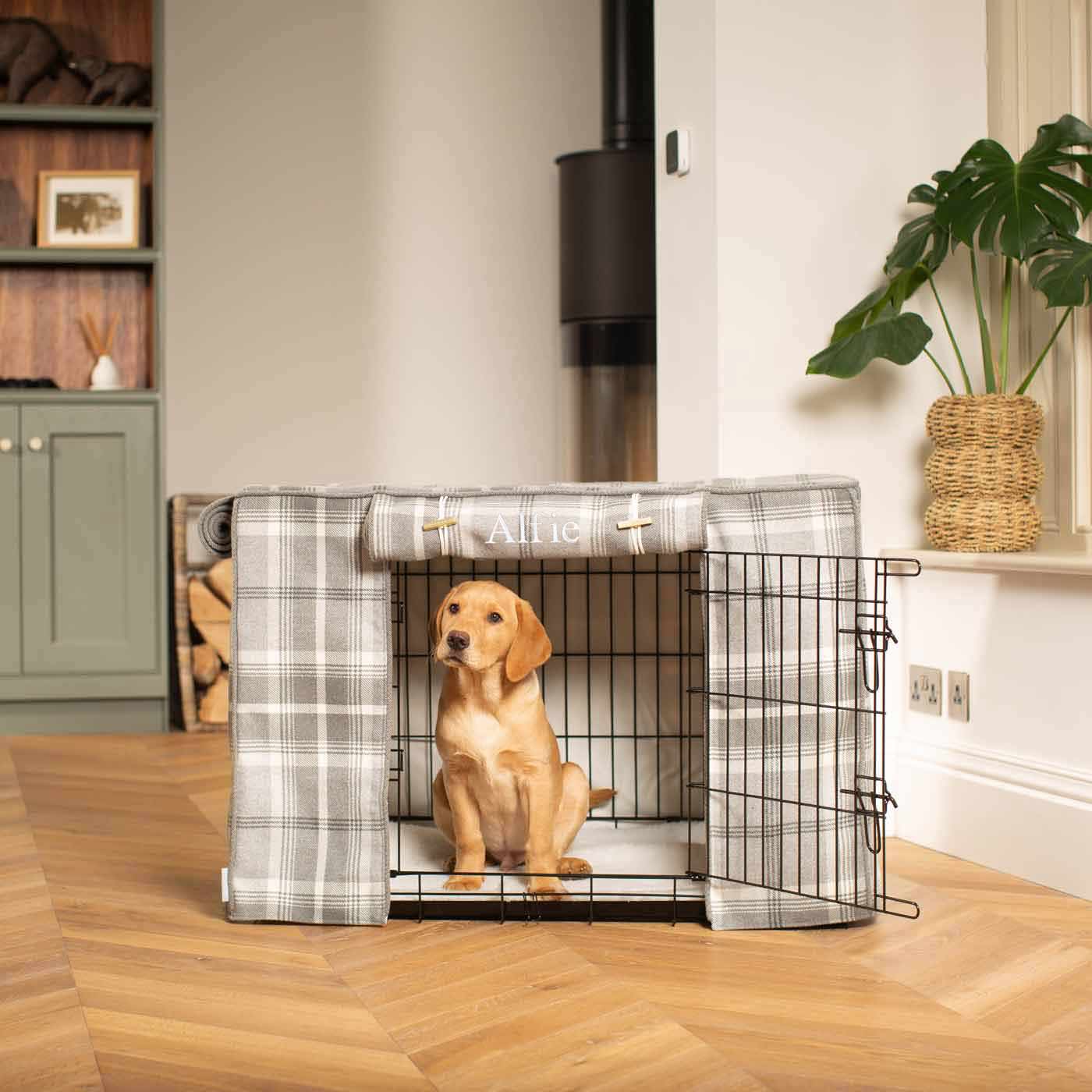 Luxury Dog Cage Cover, Balmoral Dove Grey Tweed Cage Cover The Perfect Dog Cage Accessory, Available To Personalize Now at Lords & Labradors US