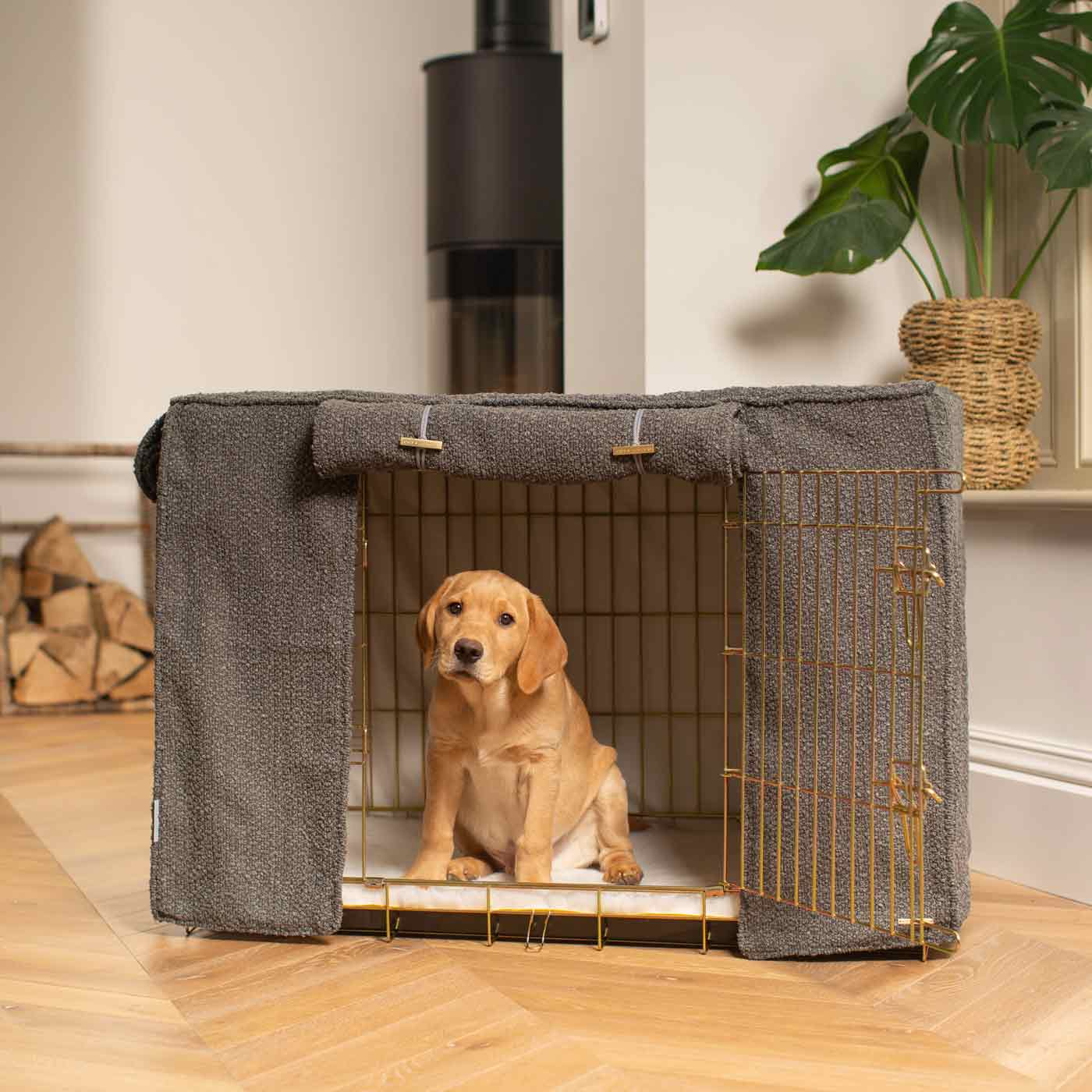 Discover Our Gold Heavy-Duty Dog Cage With Granite Bouclé Cage Cover! The Perfect Cage Accessory For The Ultimate Pet Den. Available To Personalize Here at Lords & Labradors US