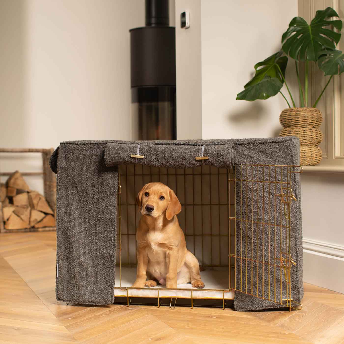 Discover Our Gold Heavy-Duty Dog Cage With Granite Bouclé Cage Cover! The Perfect Cage Accessory For The Ultimate Pet Den. Available To Personalize Here at Lords & Labradors US