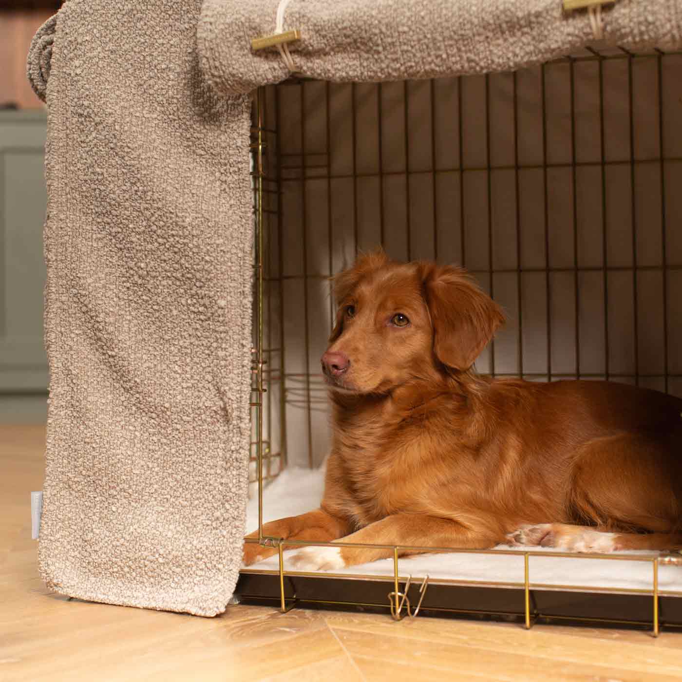 Discover Our Gold Heavy-Duty Dog Cage With Mink Bouclé Cage Cover! The Perfect Cage Accessory For The Ultimate Pet Den. Available To Personalize Here at Lords & Labradors US