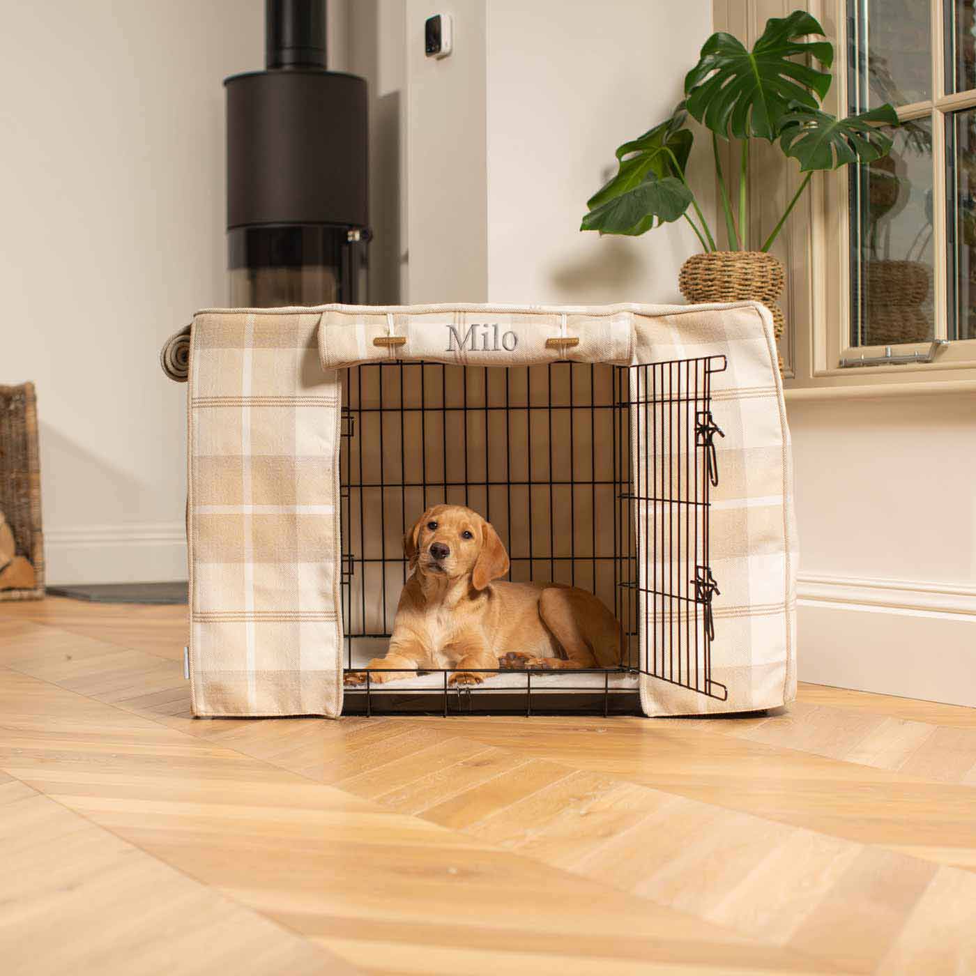 Luxury Dog Cage Cover, in Balmoral Natural Tweed. The Perfect Dog Cage Accessory, Available To Personalize Now at Lords & Labradors US