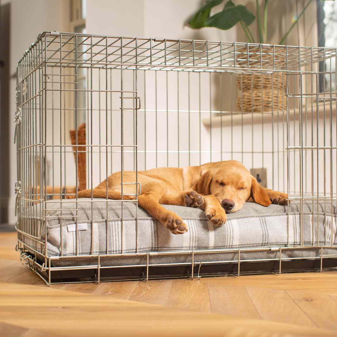 Luxury Dog Cage Cushion, Balmoral Dove Grey Tweed Cage Cushion. The Perfect Dog Cage Accessory, Available To Personalize Now at Lords & Labradors US