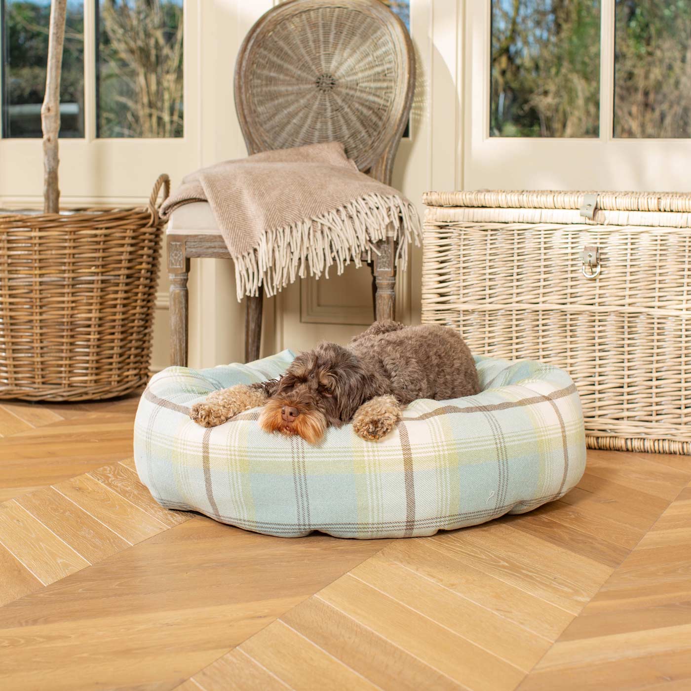 Discover Our Handmade Luxury Donut Dog Bed, In Duck Egg Tweed, The Perfect Choice For Puppies Available Now at Lords & Labradors US